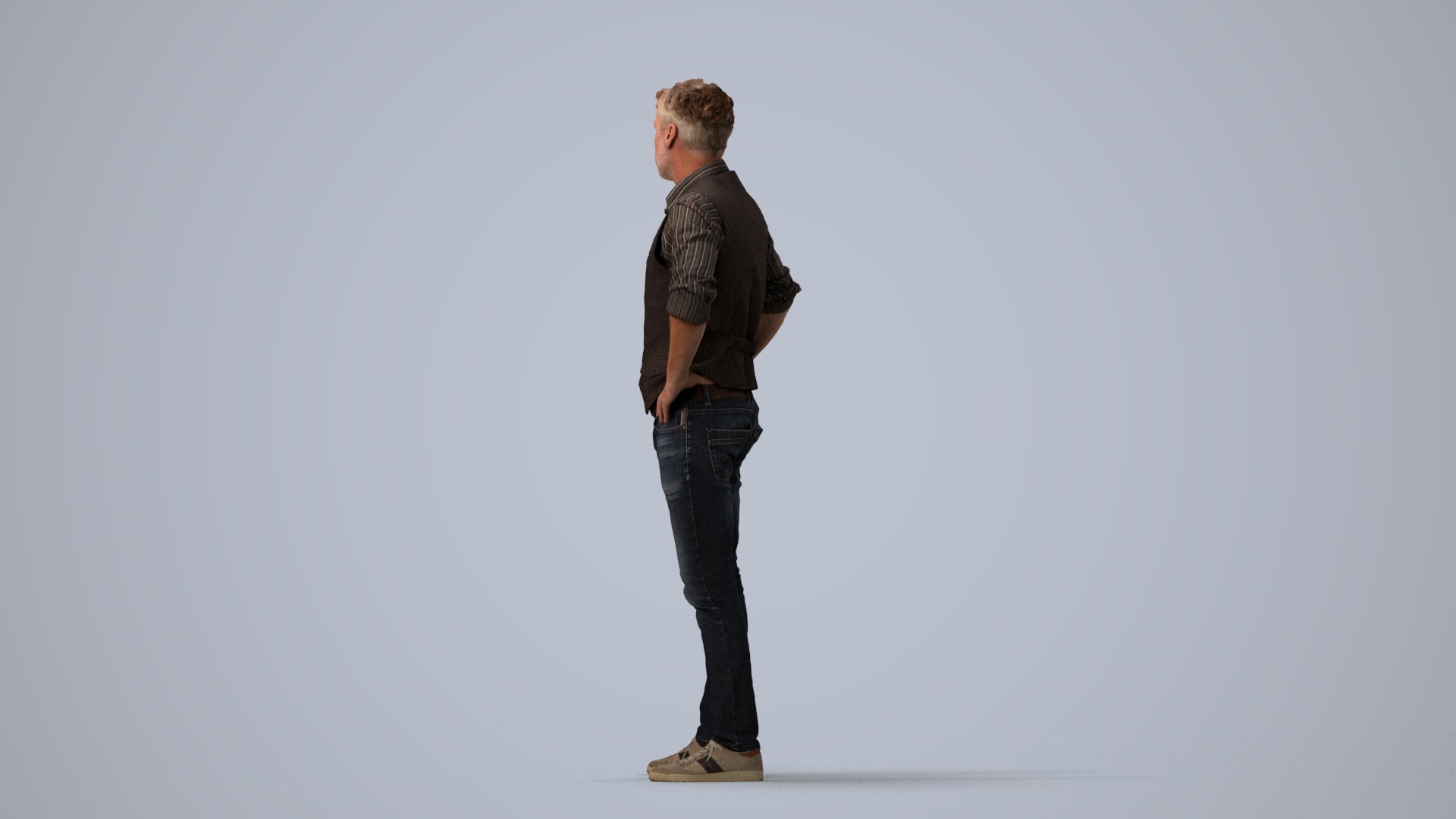 realistic 3D man casual standing, scanned archviz people for Blender and 3ds Max, three-quarter view render