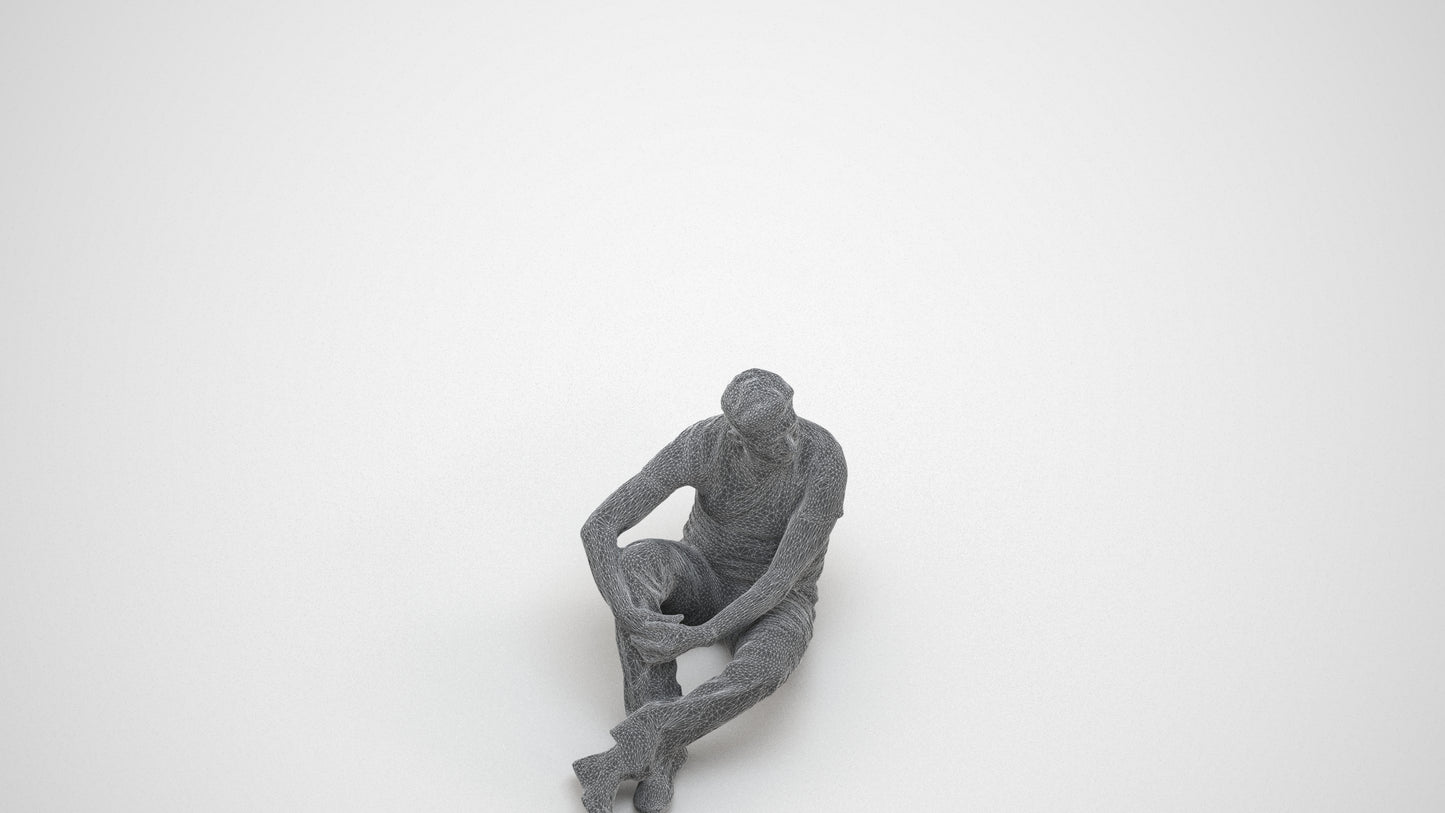 3D people model man casual sitting, scanned human for 3ds Max rendering, wireframe three-quarter view