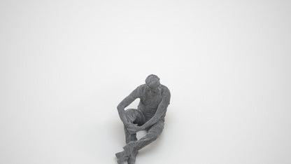 3D people model man casual sitting, scanned human for 3ds Max rendering, wireframe three-quarter view