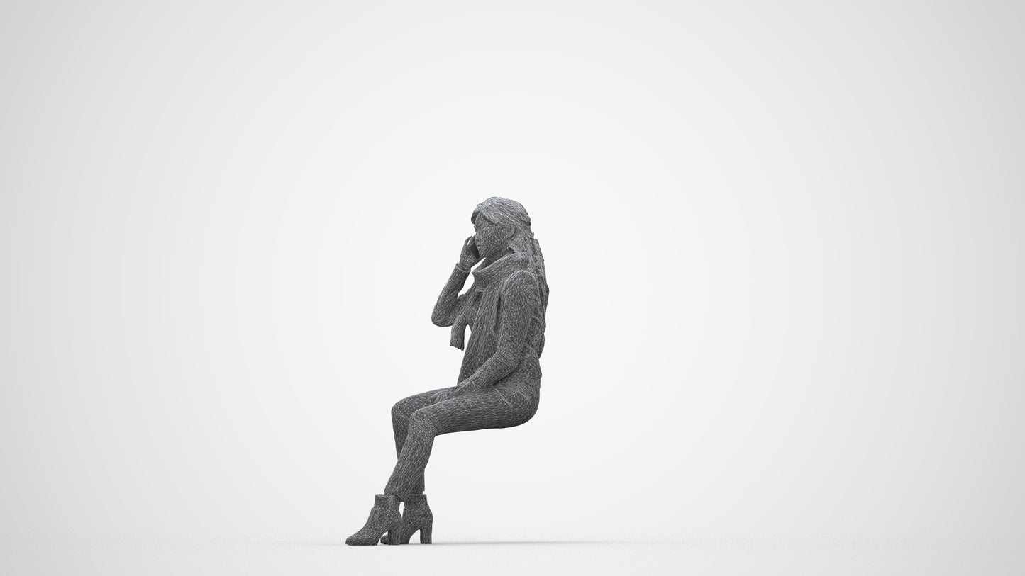 realistic 3D human woman casual sitting, archviz people FBX OBJ for Blender, wireframe back view