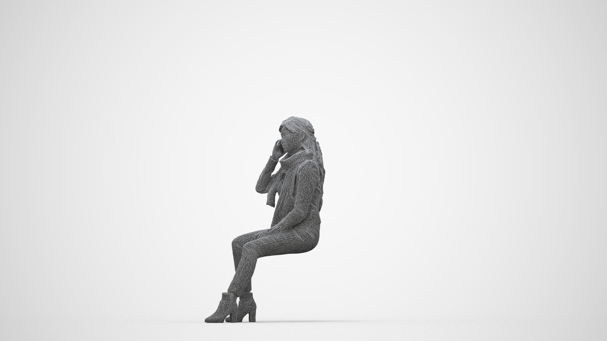 realistic 3D human woman casual sitting, archviz people FBX OBJ for Blender, wireframe back view