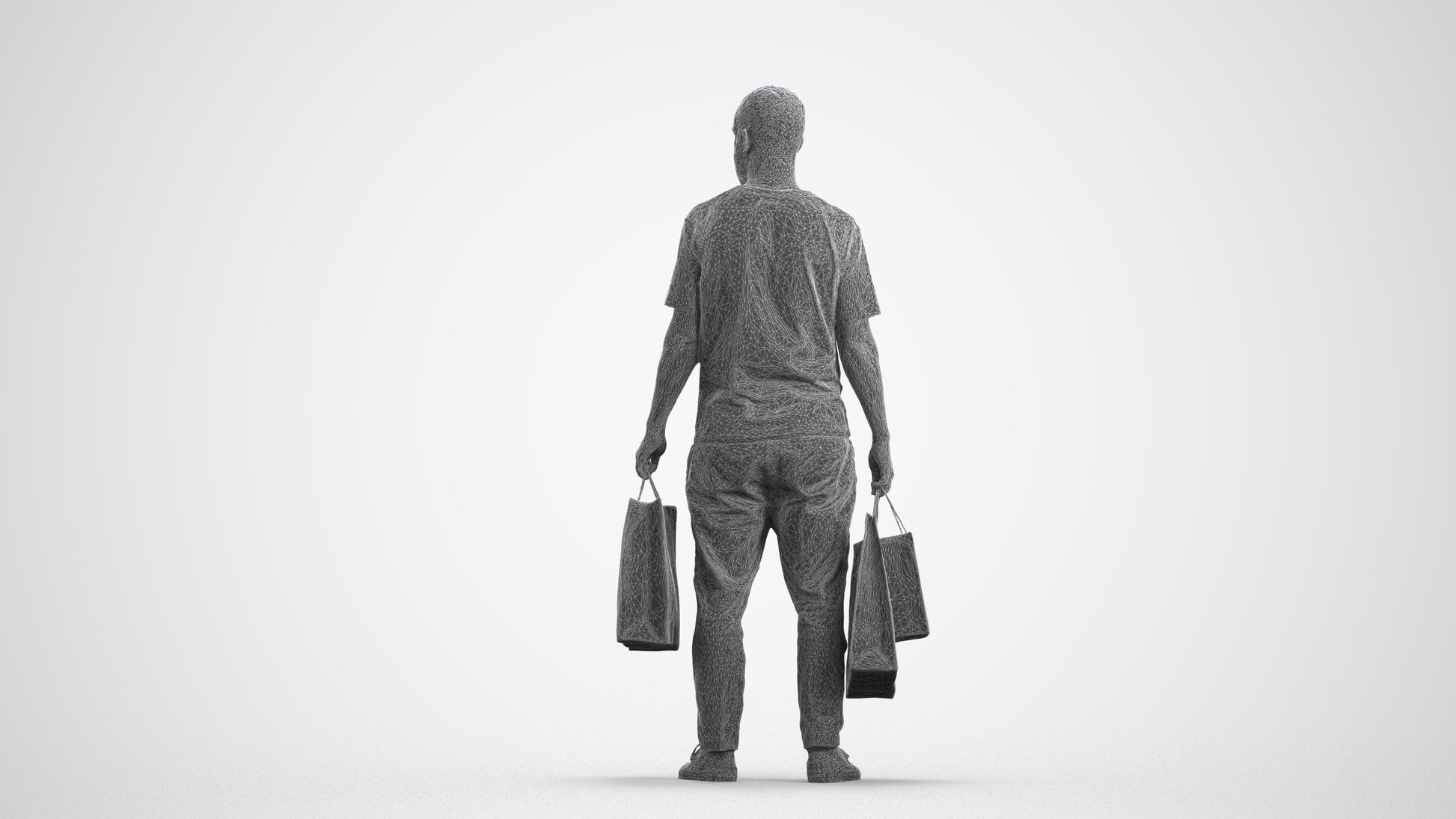 3D people model man casual shopping, scanned human for 3ds Max rendering, wireframe front view