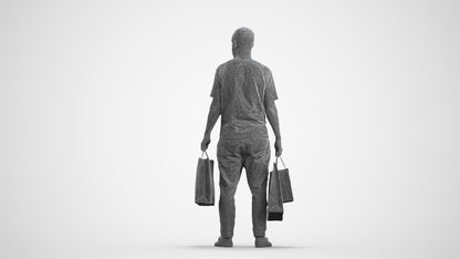 3D people model man casual shopping, scanned human for 3ds Max rendering, wireframe front view