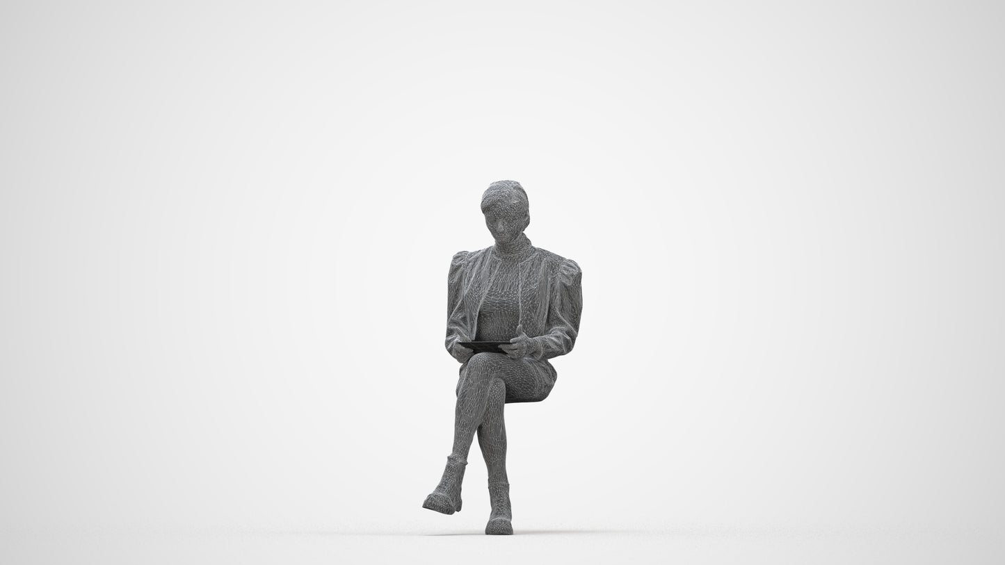 realistic 3D woman business sitting, scanned archviz people for Blender and 3ds Max, wireframe back view