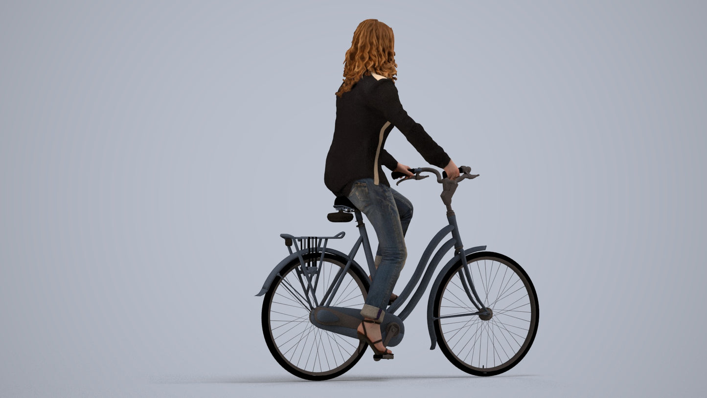3D scanned woman cycling casual, photorealistic archviz people for Enscape and SketchUp, side view render