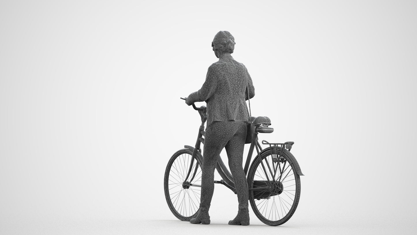 scanned 3D woman business cycling, photogrammetry people for Enscape and V-Ray, wireframe front view