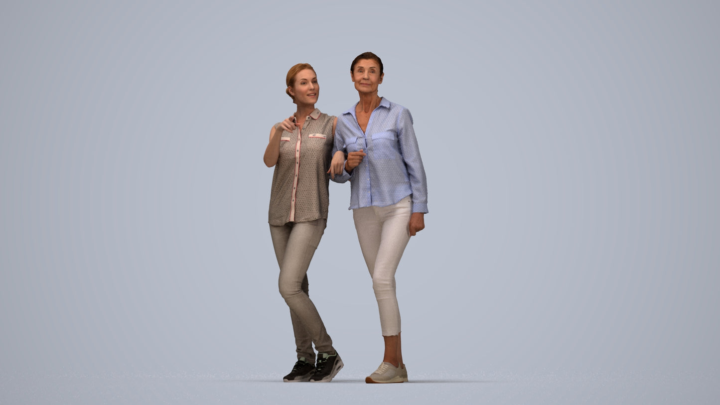 3D human model woman casual couple, photogrammetry scanned person for archviz, top-down view render