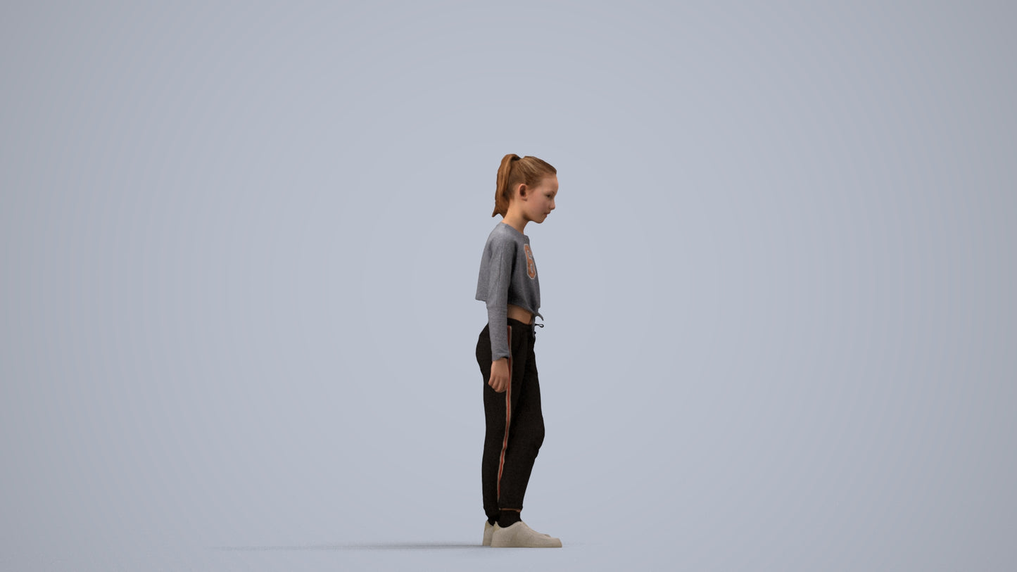 realistic 3D human girl sport kids, archviz people FBX OBJ for Blender, side view render