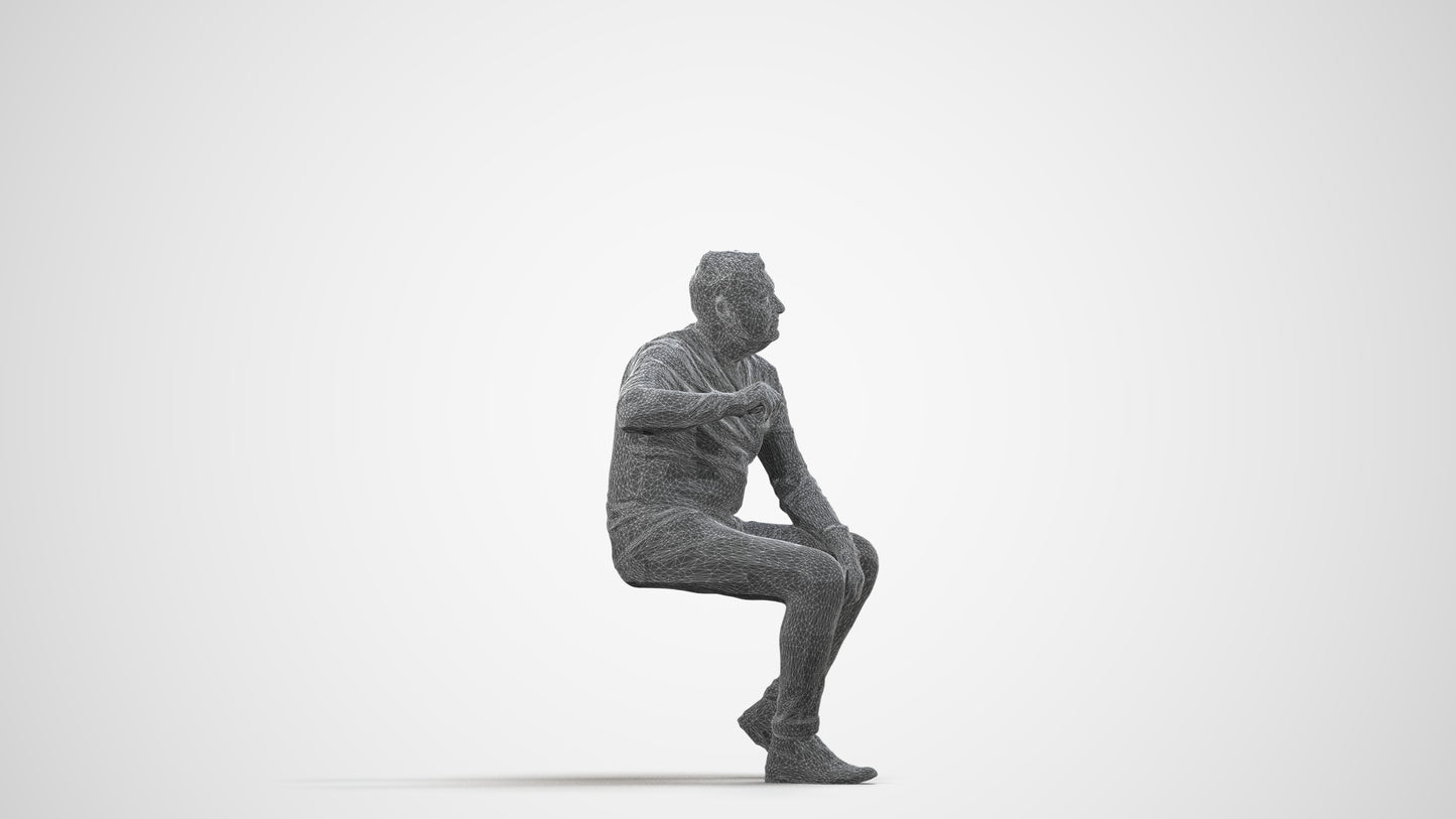 realistic 3D human man casual sitting, archviz people FBX OBJ for Blender, wireframe side view