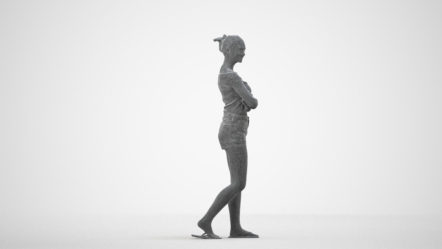 3D scanned girl walking casual, photorealistic archviz people for Enscape and SketchUp, wireframe side view