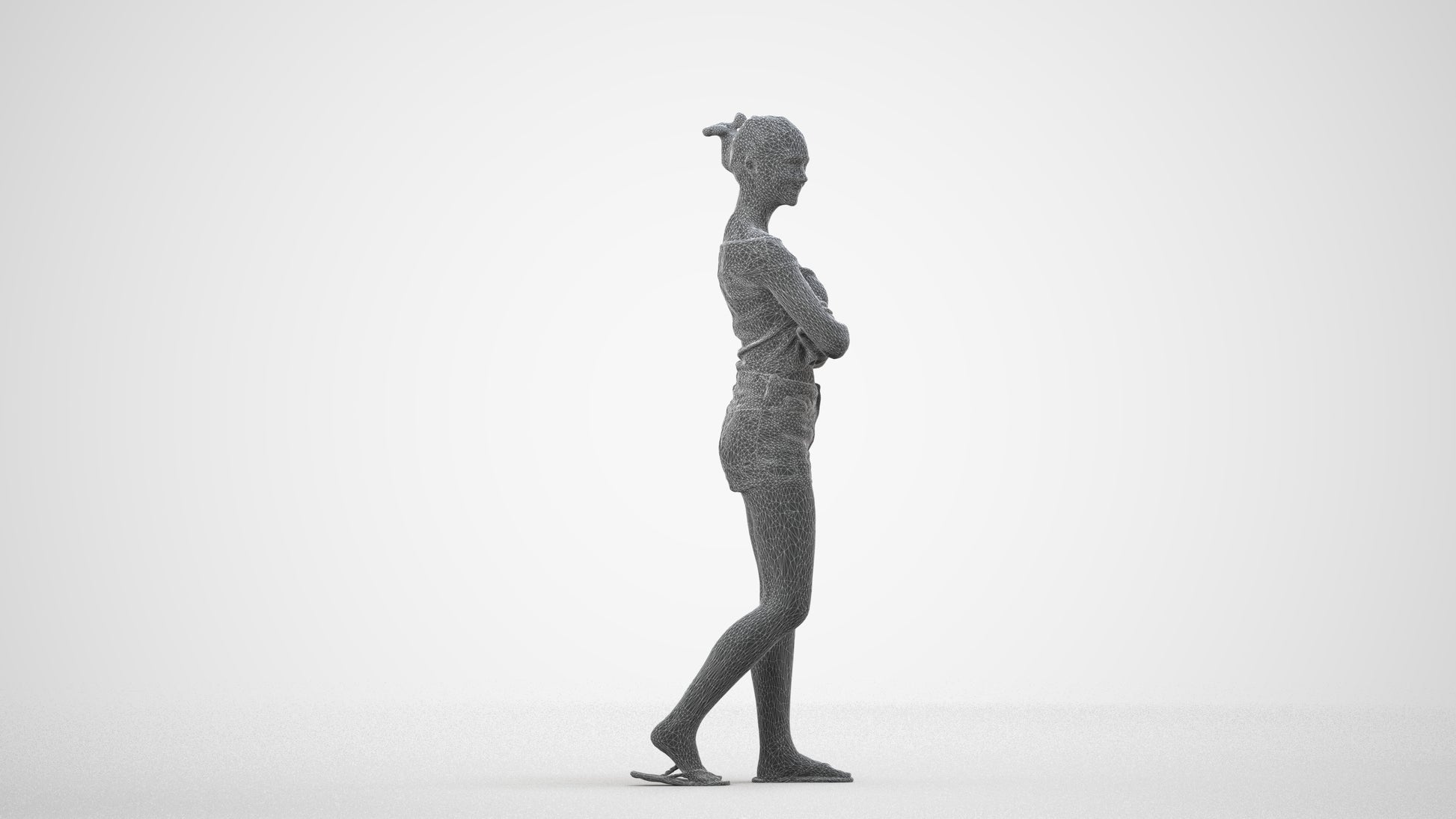 3D scanned girl walking casual, photorealistic archviz people for Enscape and SketchUp, wireframe side view