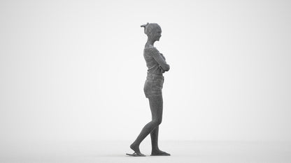3D scanned girl walking casual, photorealistic archviz people for Enscape and SketchUp, wireframe side view