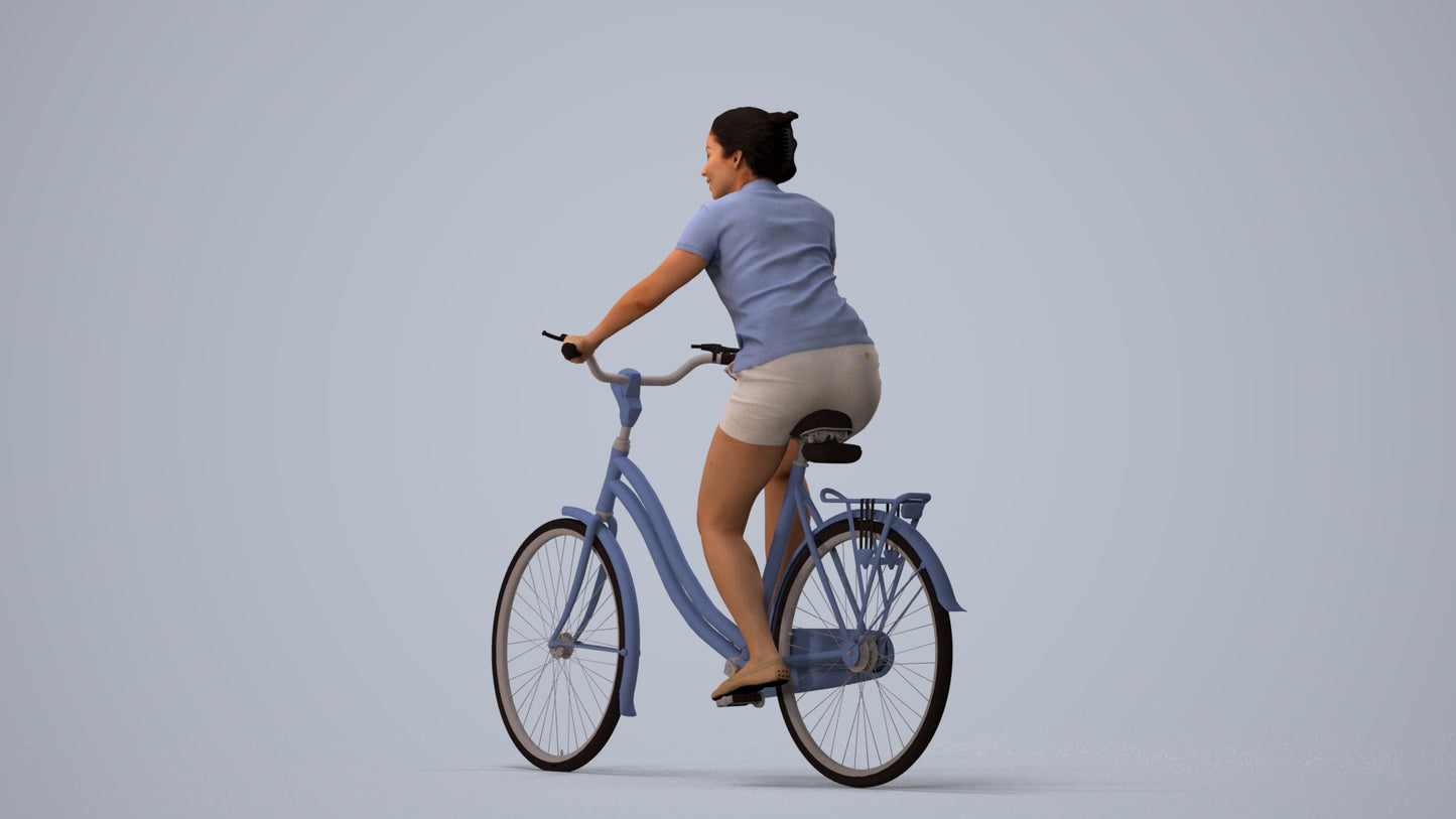 3D people model woman casual cycling, scanned human for 3ds Max rendering, three-quarter view render