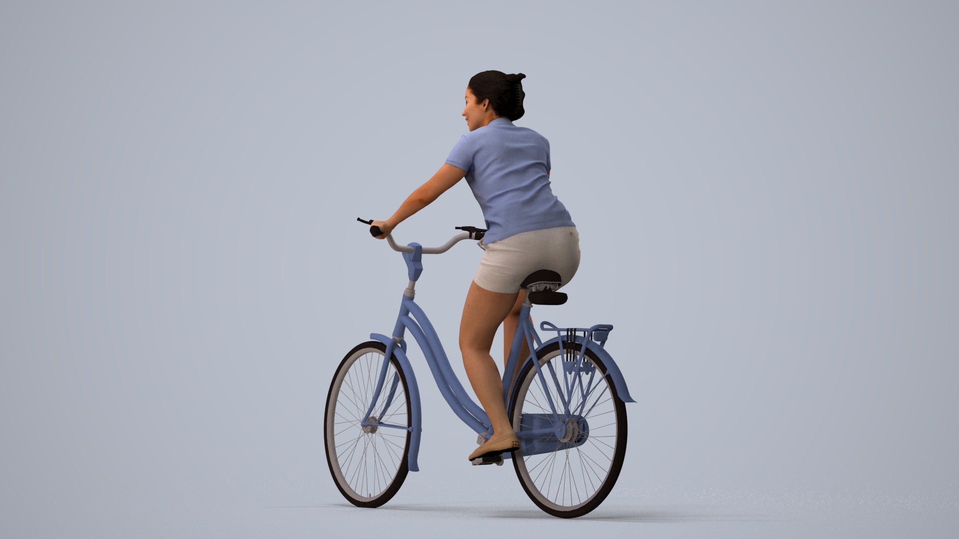 3D people model woman casual cycling, scanned human for 3ds Max rendering, three-quarter view render