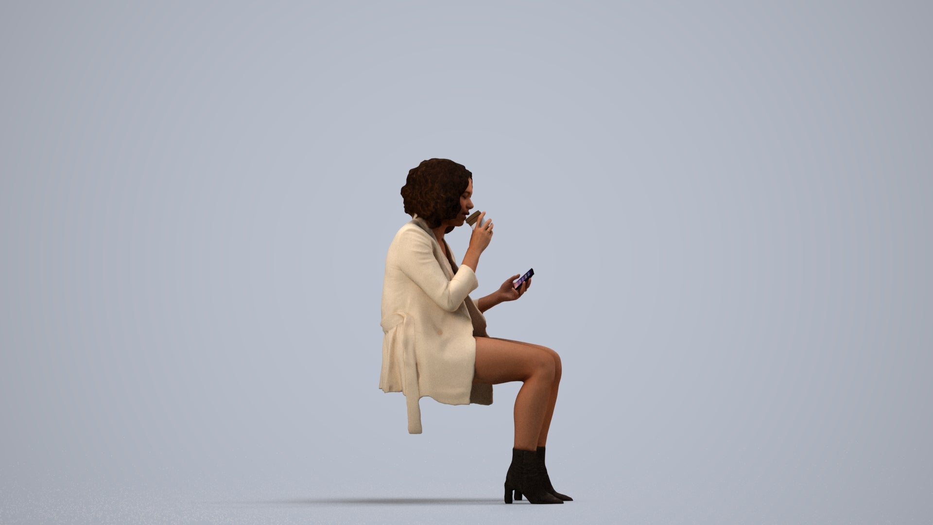 3D people model woman business sitting, scanned human for 3ds Max rendering, side view render