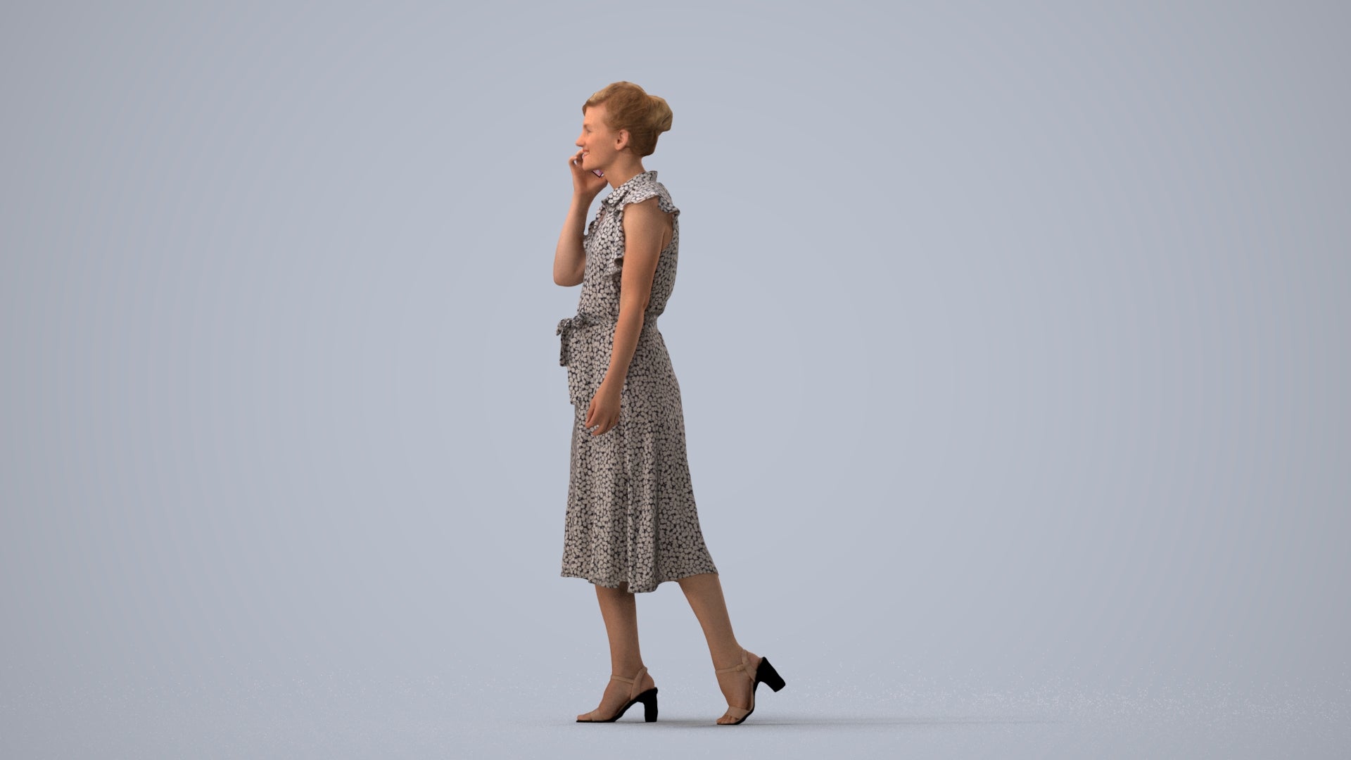 realistic 3D human woman casual walking, archviz people FBX OBJ for Blender, three-quarter view render