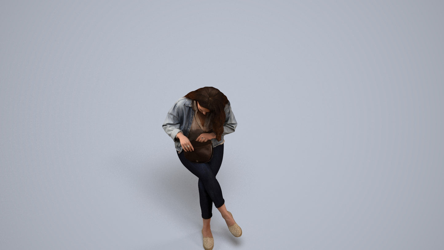 realistic 3D human woman sitting, archviz people FBX OBJ for Blender, back view render