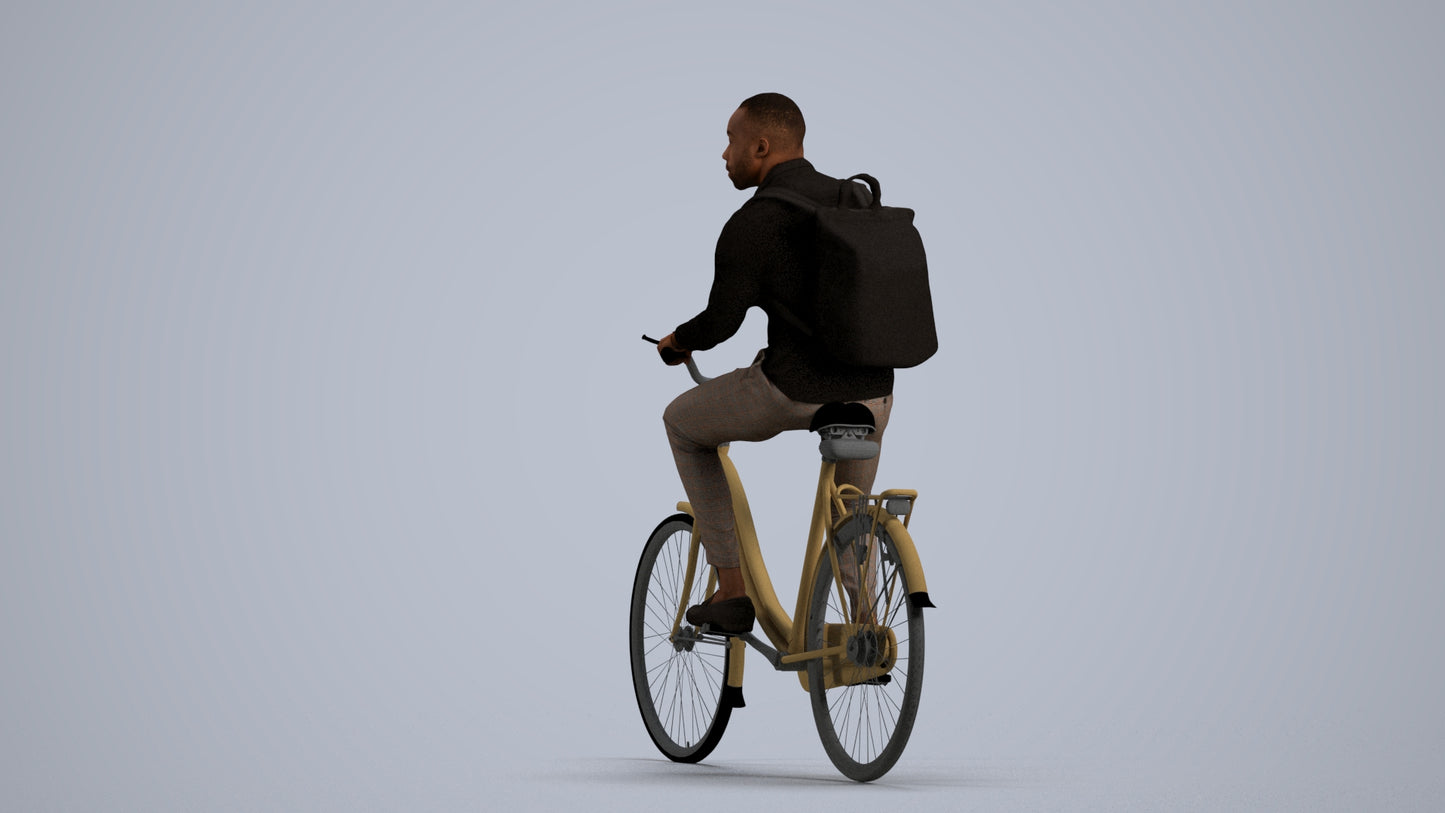 photogrammetry 3D man business cycling, realistic human model archviz FBX, front view render