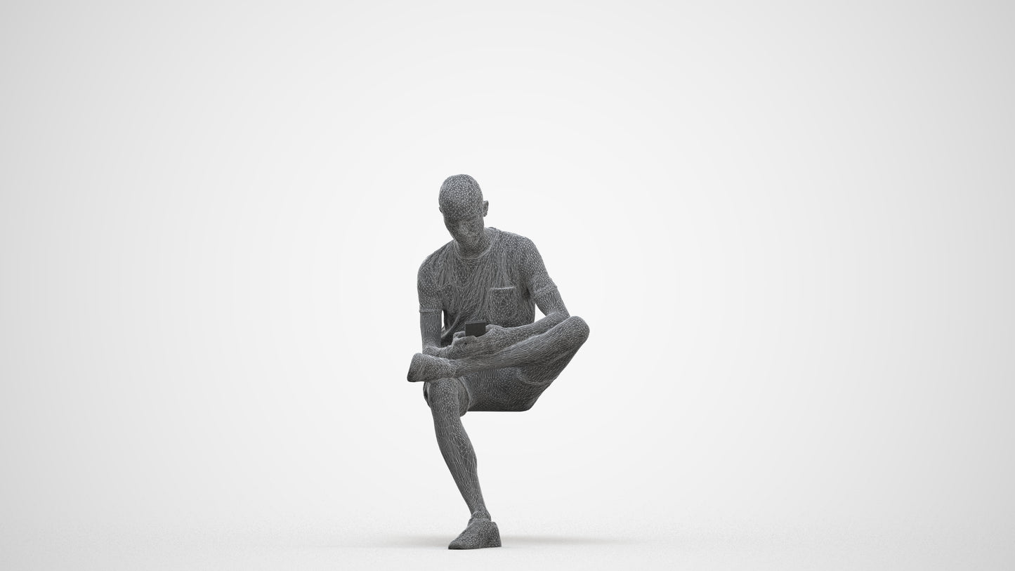 3D scanned man sitting casual, photorealistic archviz people for Enscape and SketchUp, three-quarter front view render