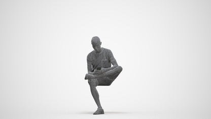 3D scanned man sitting casual, photorealistic archviz people for Enscape and SketchUp, three-quarter front view render
