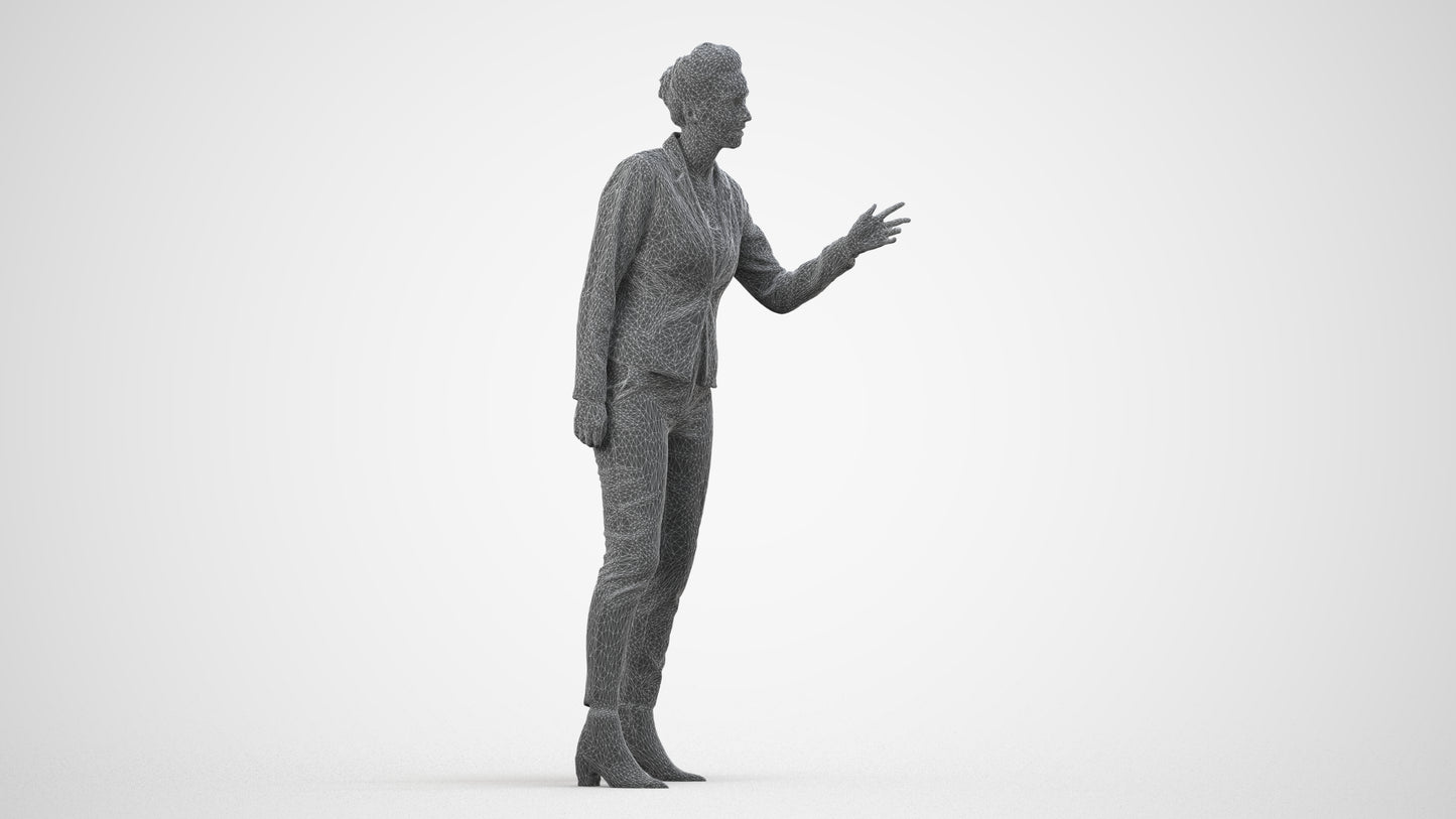 3D human model woman business, photogrammetry scanned person for archviz, wireframe side view