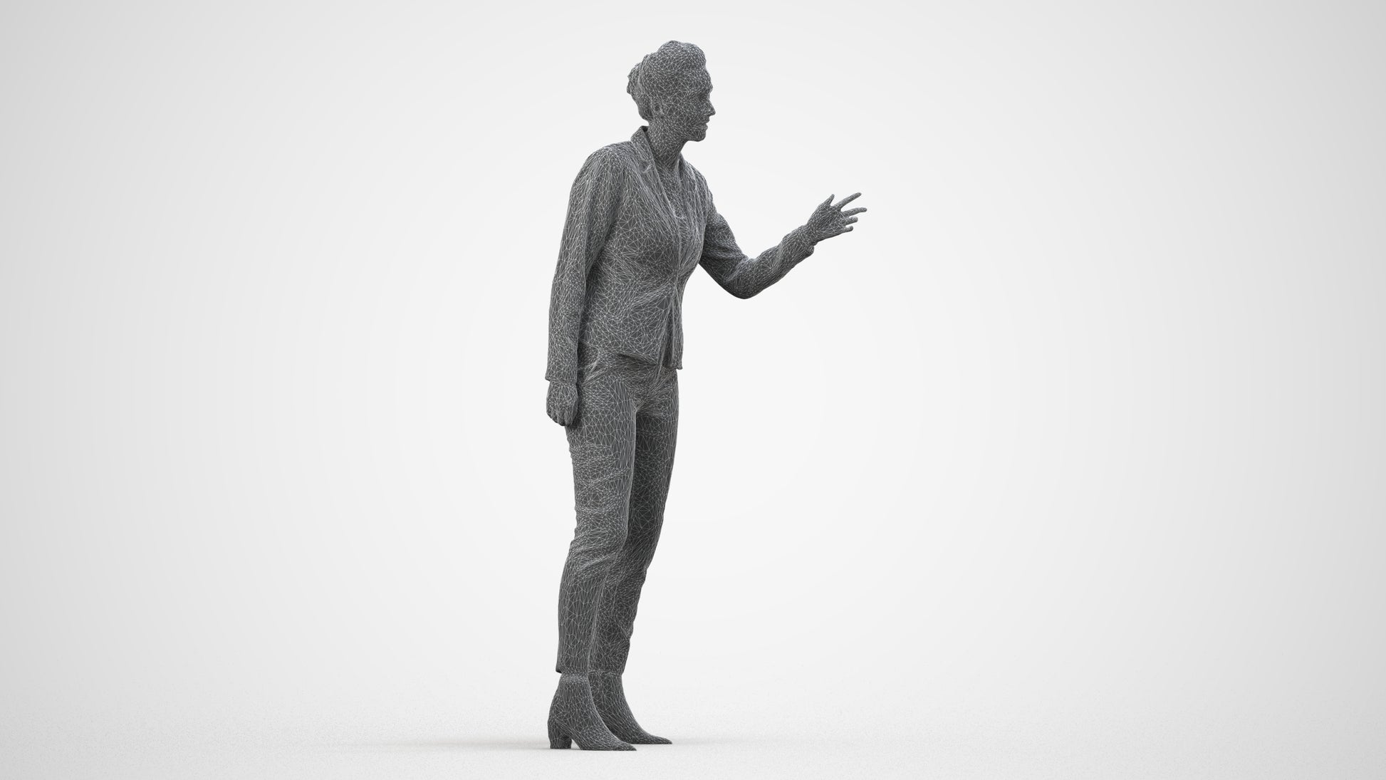 3D human model woman business, photogrammetry scanned person for archviz, wireframe side view