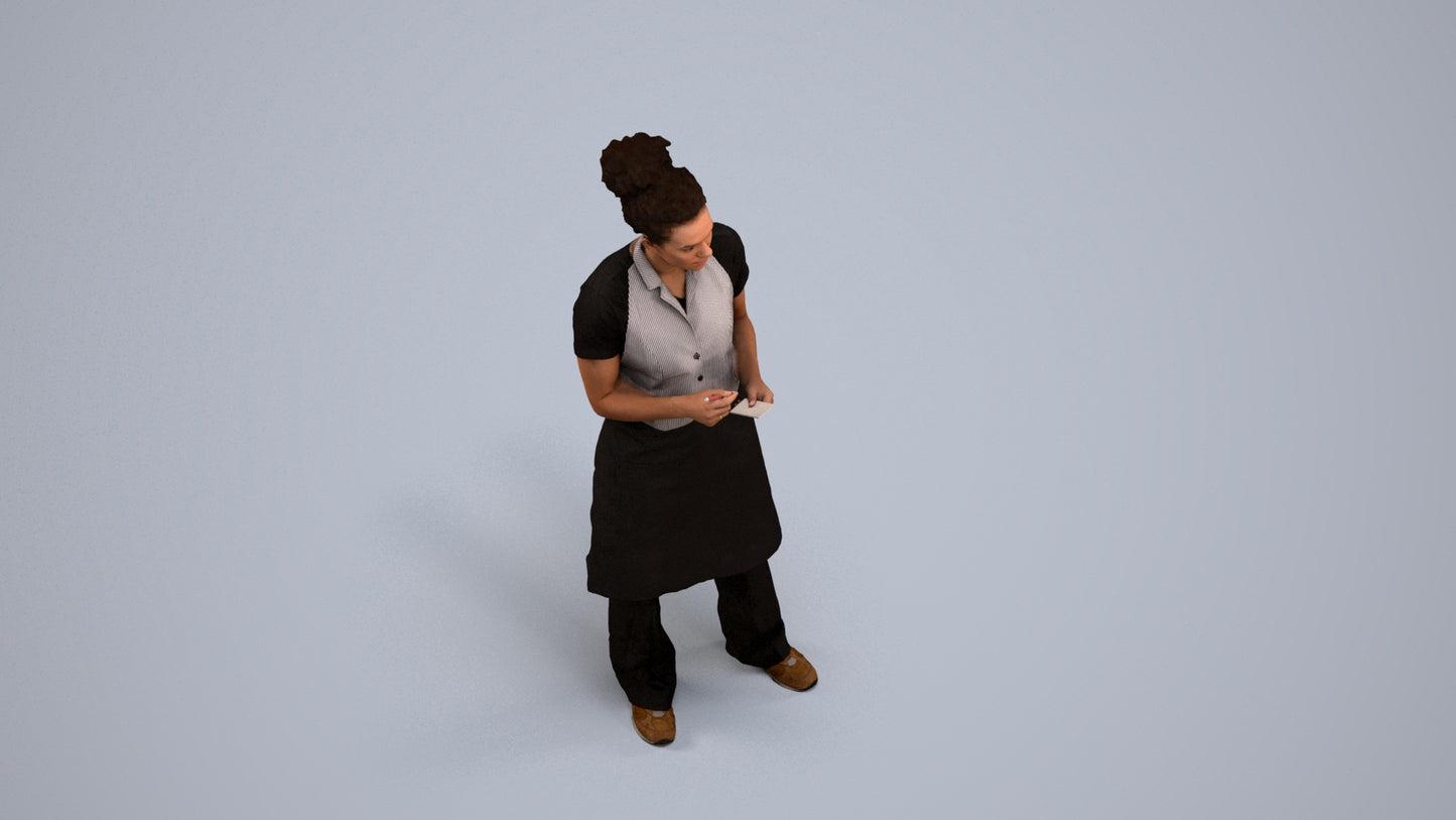 3D scanned woman hospitality, photorealistic archviz people for Enscape and SketchUp, back view render