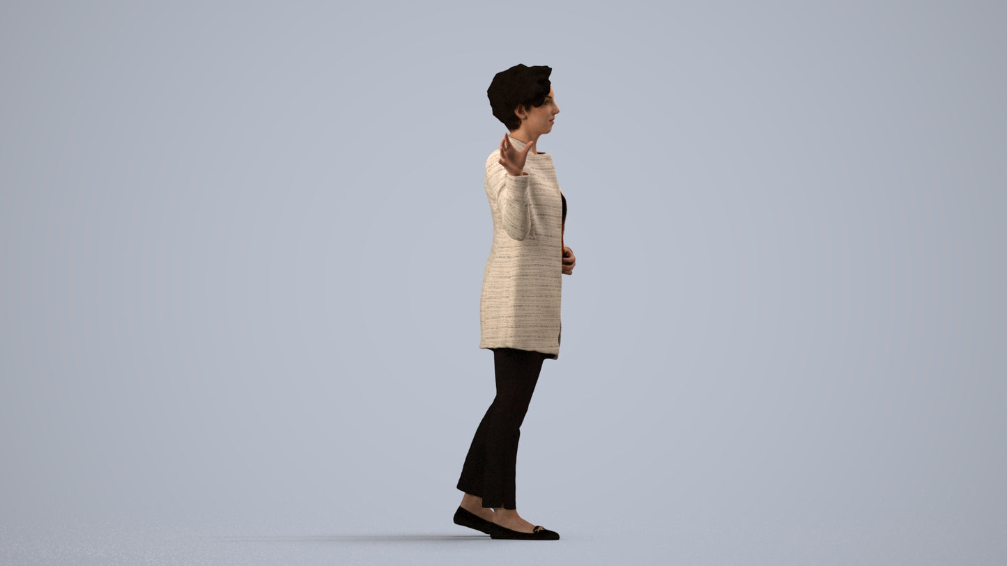 3D human model woman business, photogrammetry scanned person for archviz, side view render