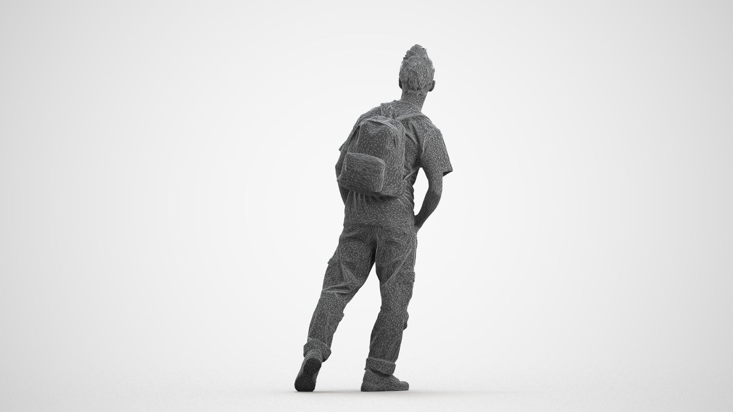 3D human model man casual walking, photogrammetry scanned person for archviz, wireframe front view