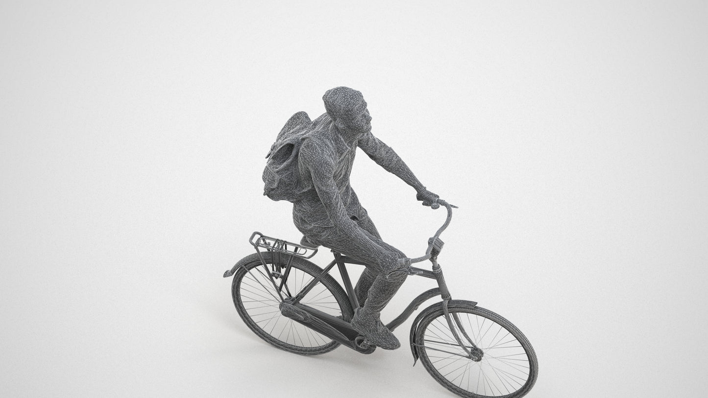photogrammetry 3D man casual cycling, realistic human model archviz FBX, wireframe three-quarter view