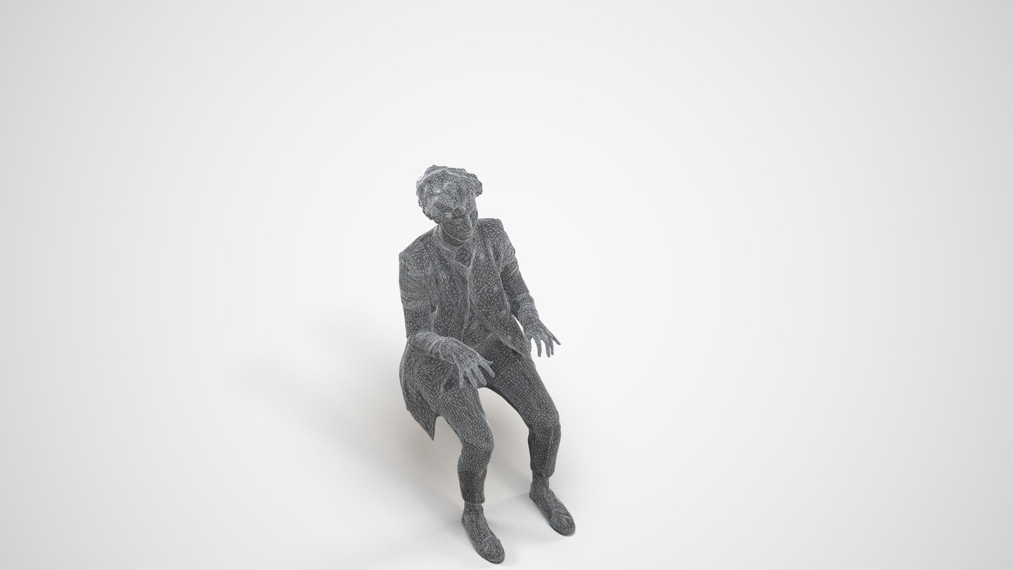 realistic 3D human woman business sitting, archviz people FBX OBJ for Blender, wireframe three-quarter view