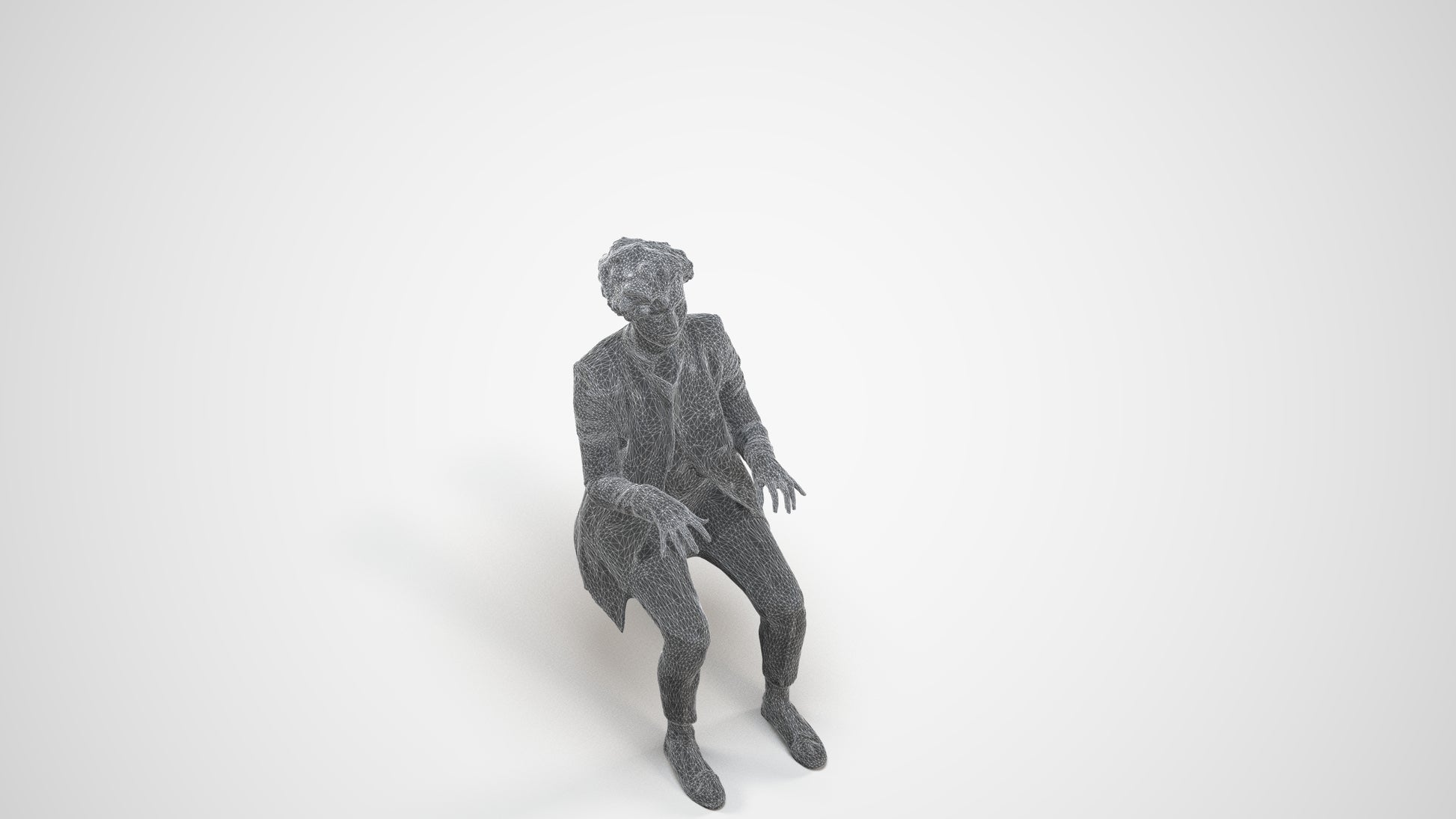 realistic 3D human woman business sitting, archviz people FBX OBJ for Blender, wireframe three-quarter view