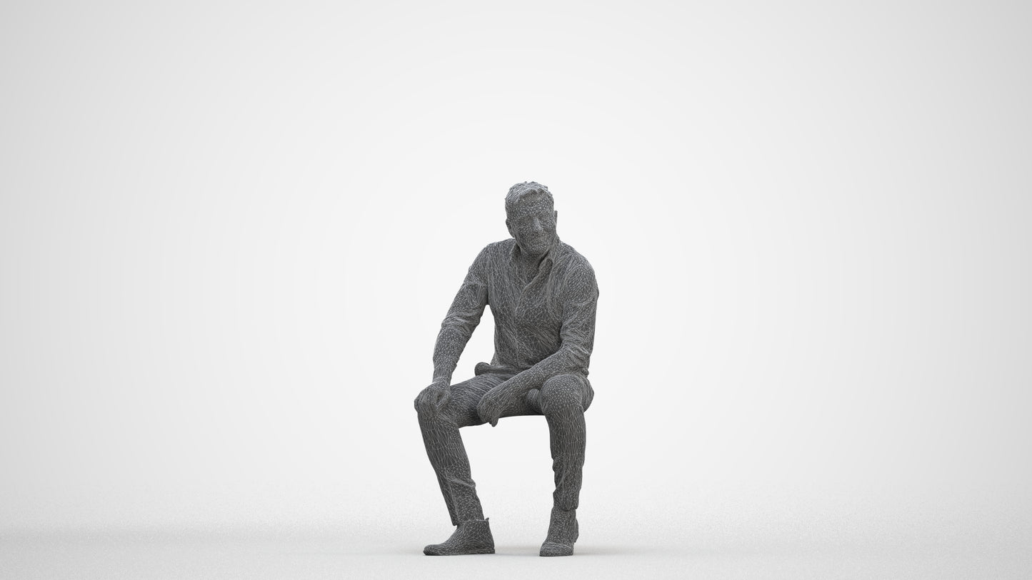 3D people model man casual sitting, scanned human for 3ds Max rendering, three-quarter front view render
