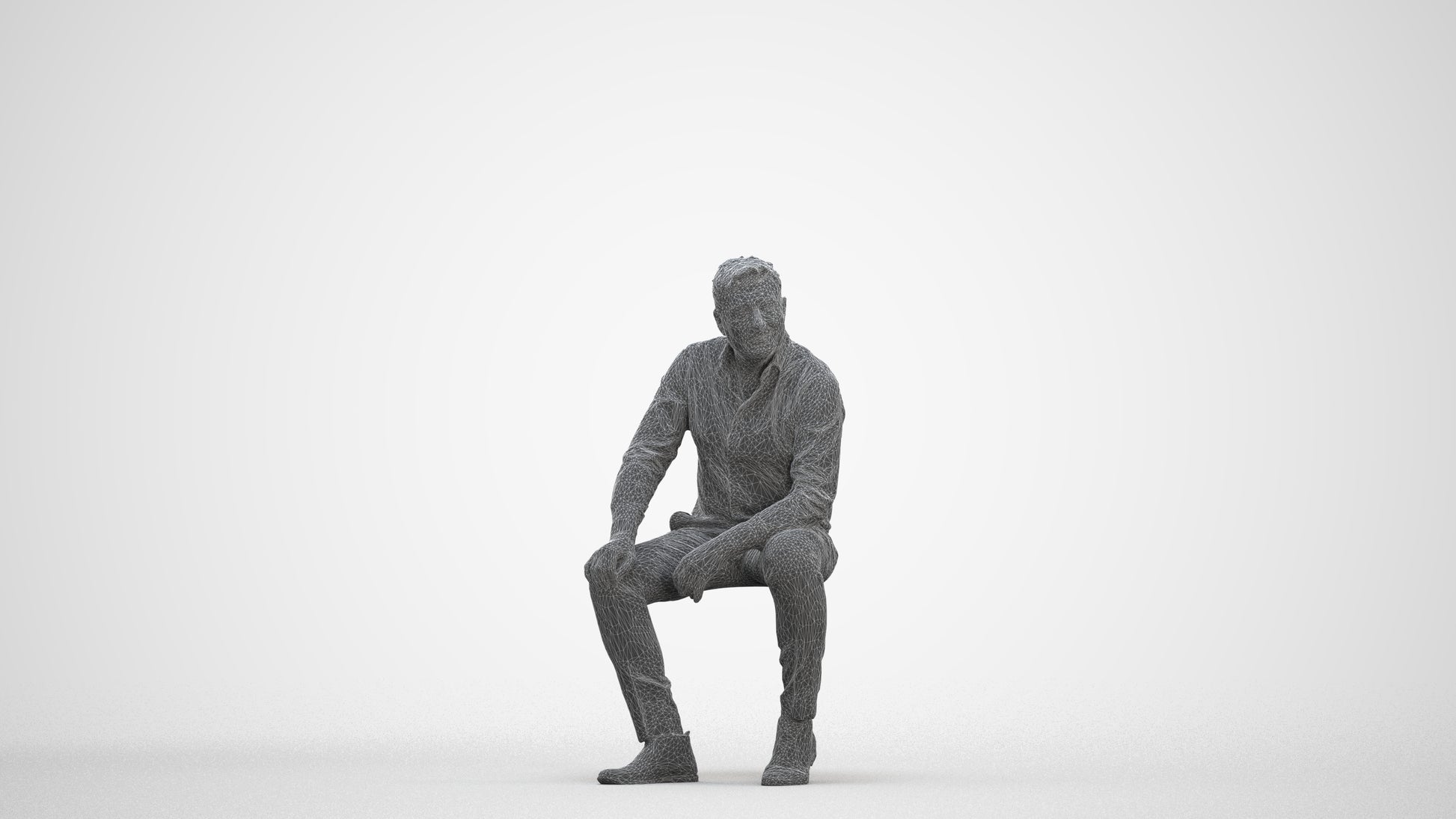 3D people model man casual sitting, scanned human for 3ds Max rendering, three-quarter front view render