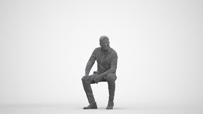 3D people model man casual sitting, scanned human for 3ds Max rendering, three-quarter front view render