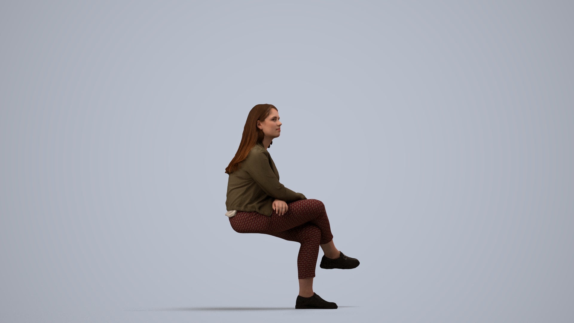 3D human model woman casual sitting, photogrammetry scanned person for archviz, side view render