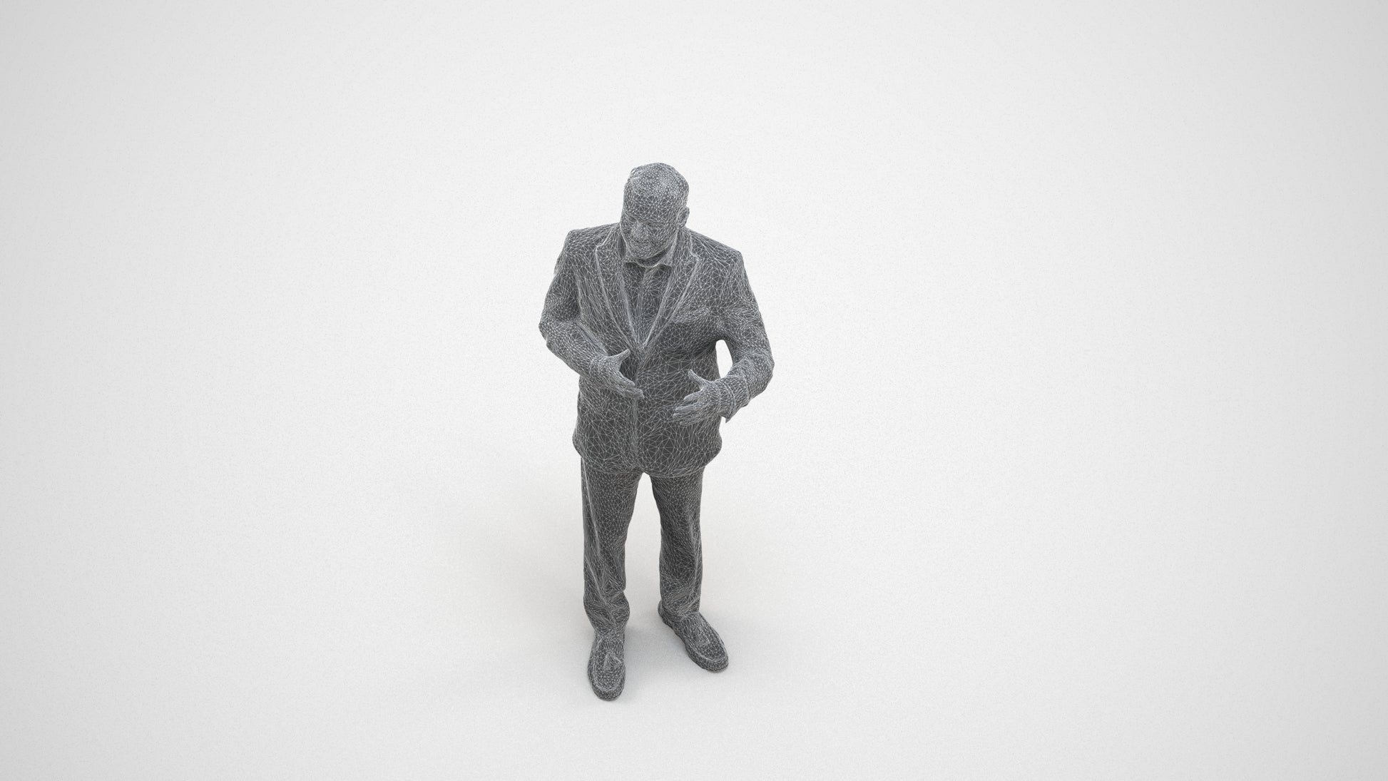 3D human model man formal standing, photogrammetry scanned person for archviz, wireframe three-quarter view