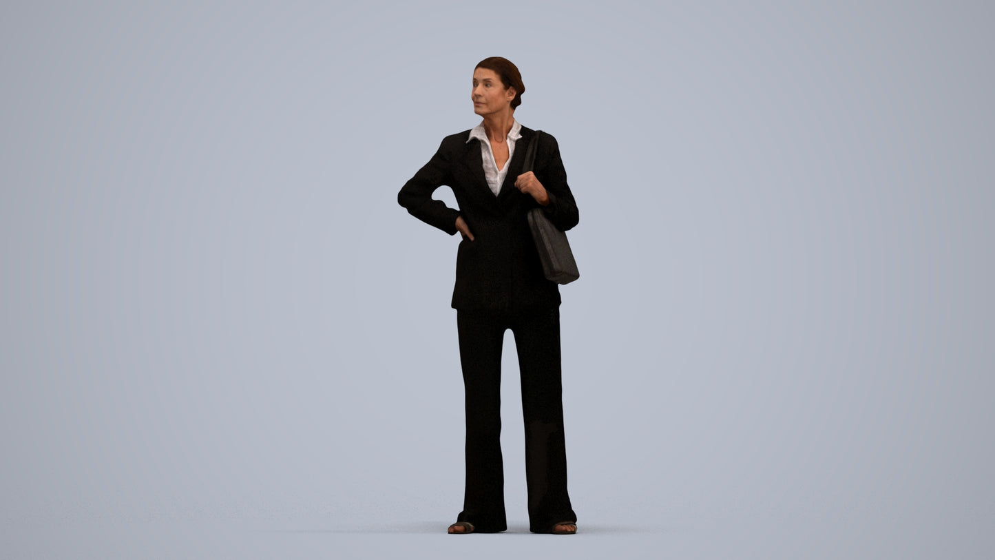 3D human model senior woman business, photogrammetry scanned person for archviz, standing pose render