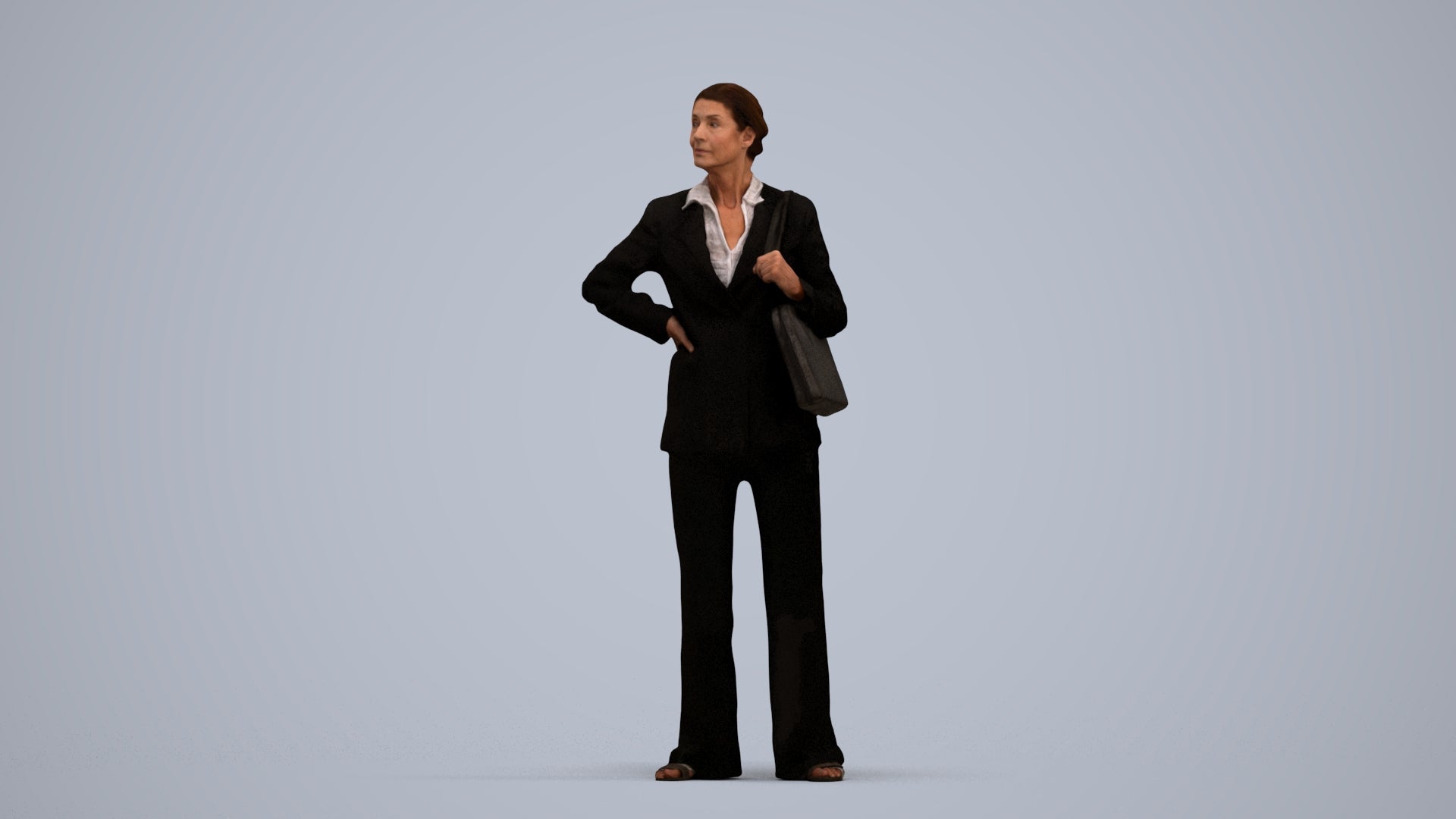 3D human model senior woman business, photogrammetry scanned person for archviz, standing pose render