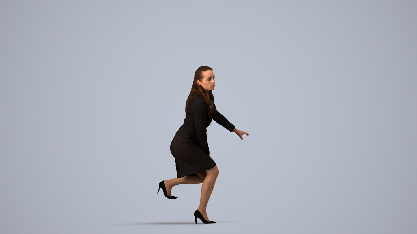 3D human model woman business sitting, photogrammetry scanned person for archviz, side view render