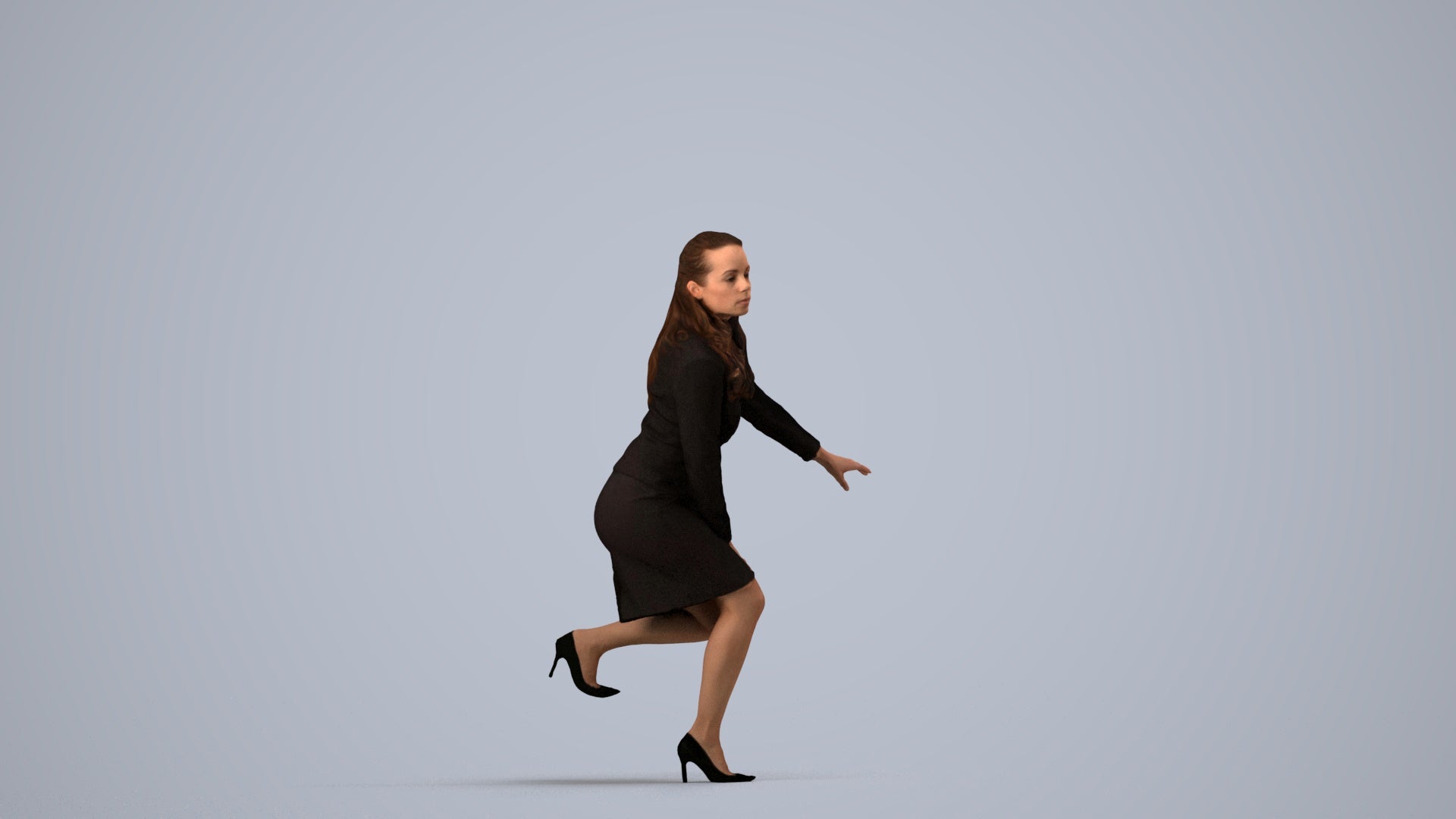 3D human model woman business sitting, photogrammetry scanned person for archviz, side view render