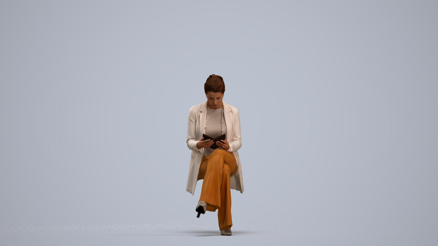 realistic 3D woman business sitting, scanned archviz people for Blender and 3ds Max, standing pose render