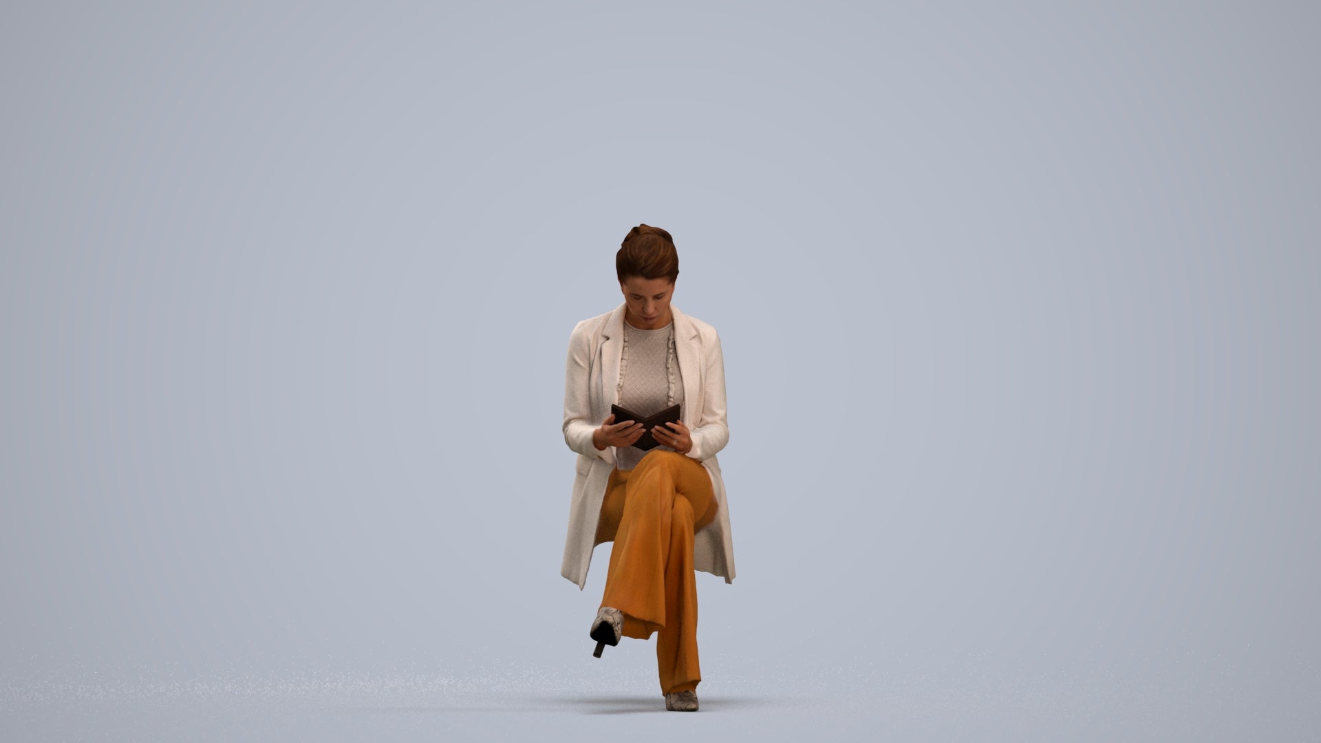 realistic 3D woman business sitting, scanned archviz people for Blender and 3ds Max, standing pose render