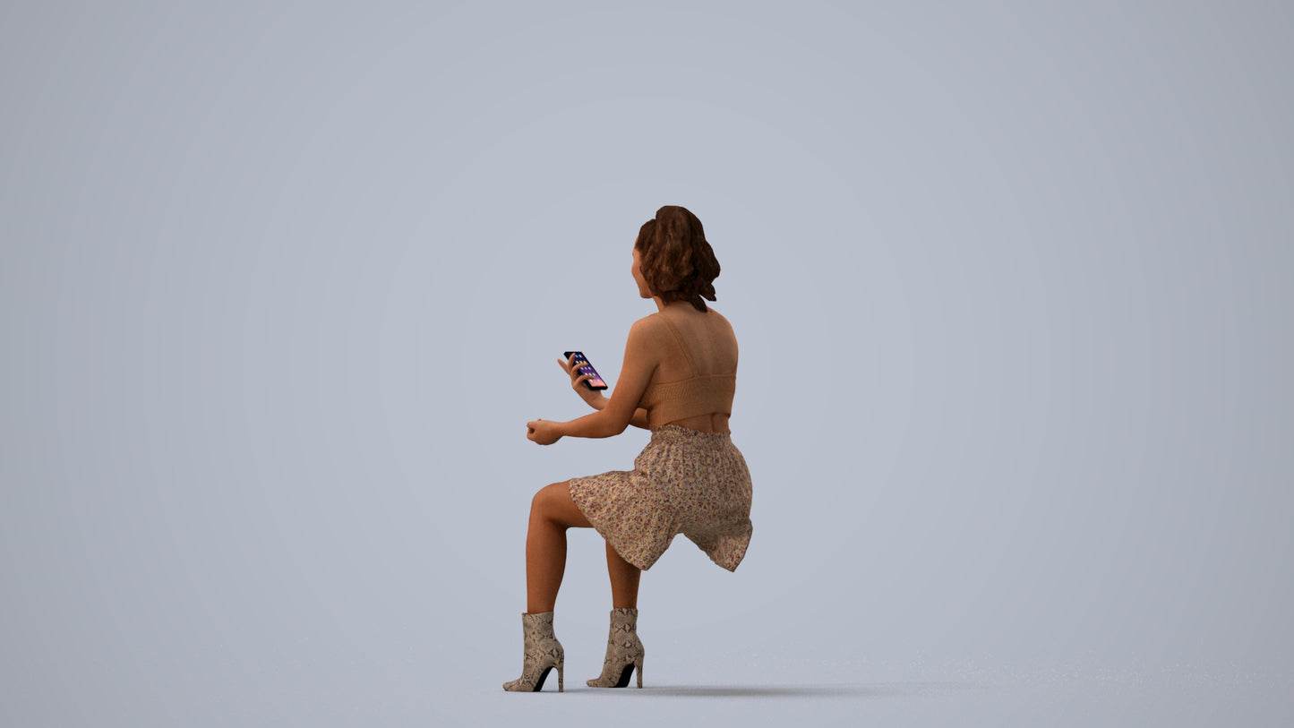 photogrammetry 3D woman casual sitting, realistic human model archviz FBX, three-quarter view render