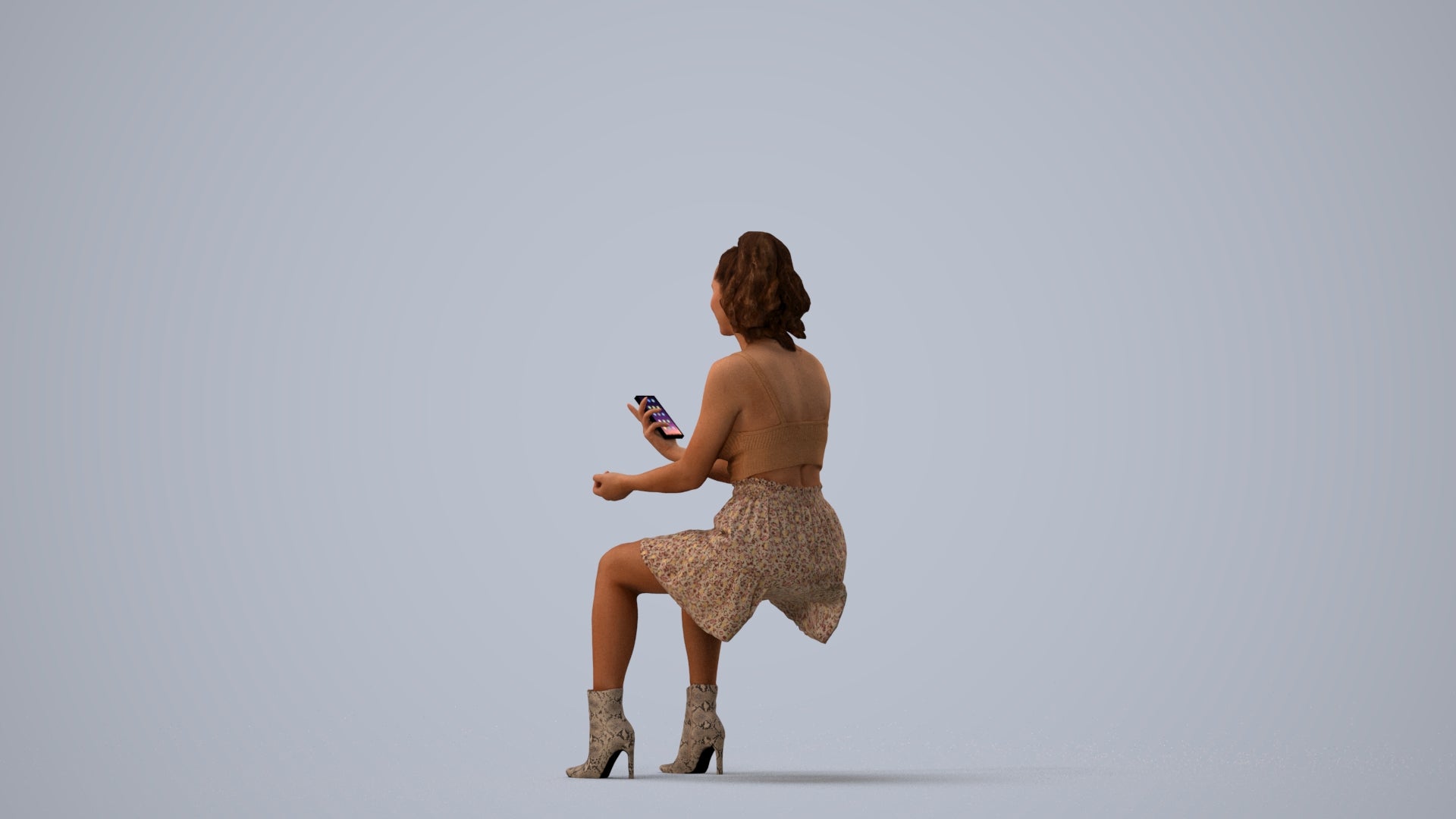 photogrammetry 3D woman casual sitting, realistic human model archviz FBX, three-quarter view render