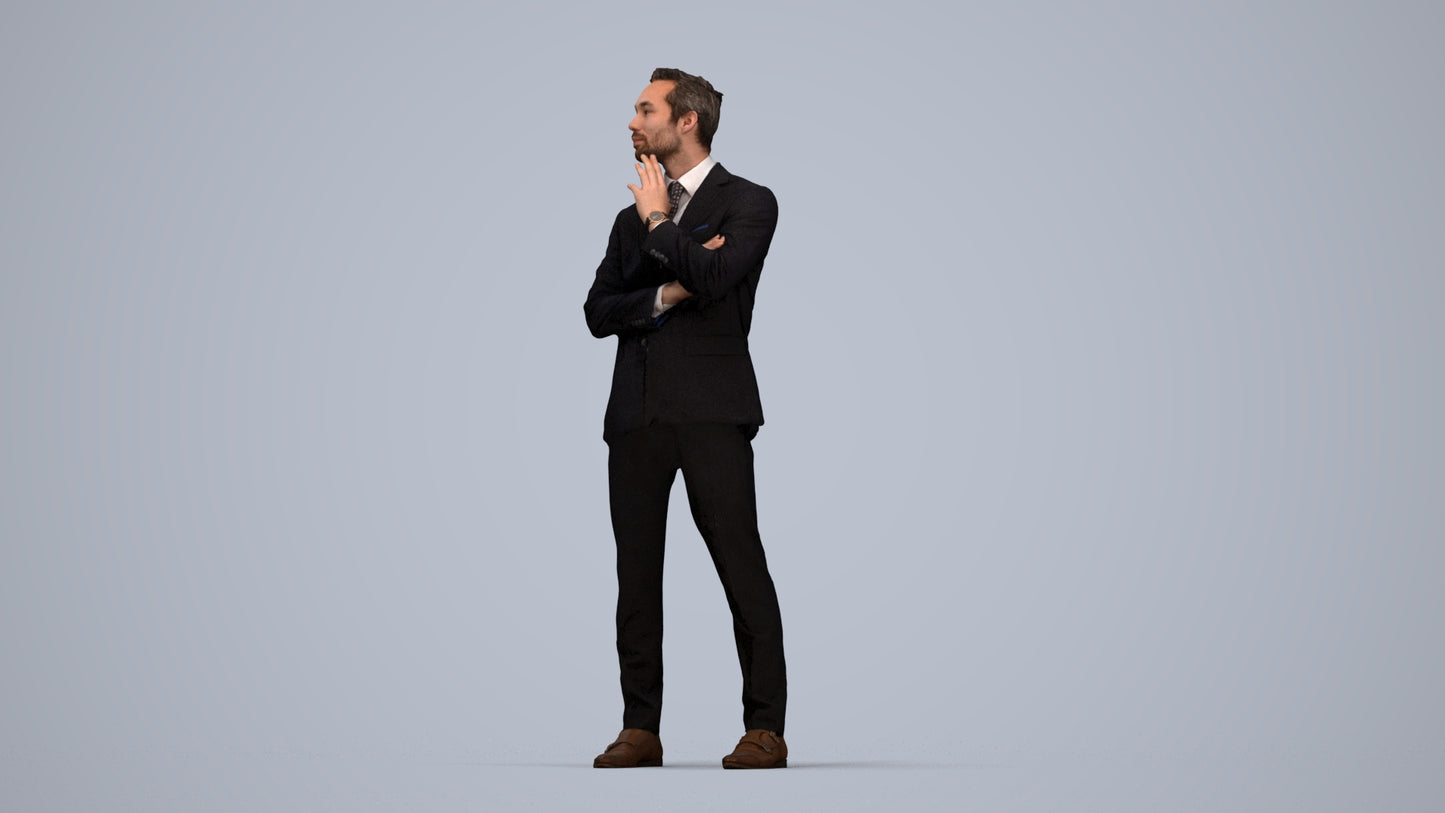 3D human model man formal business, photogrammetry scanned person for archviz, top-down view render
