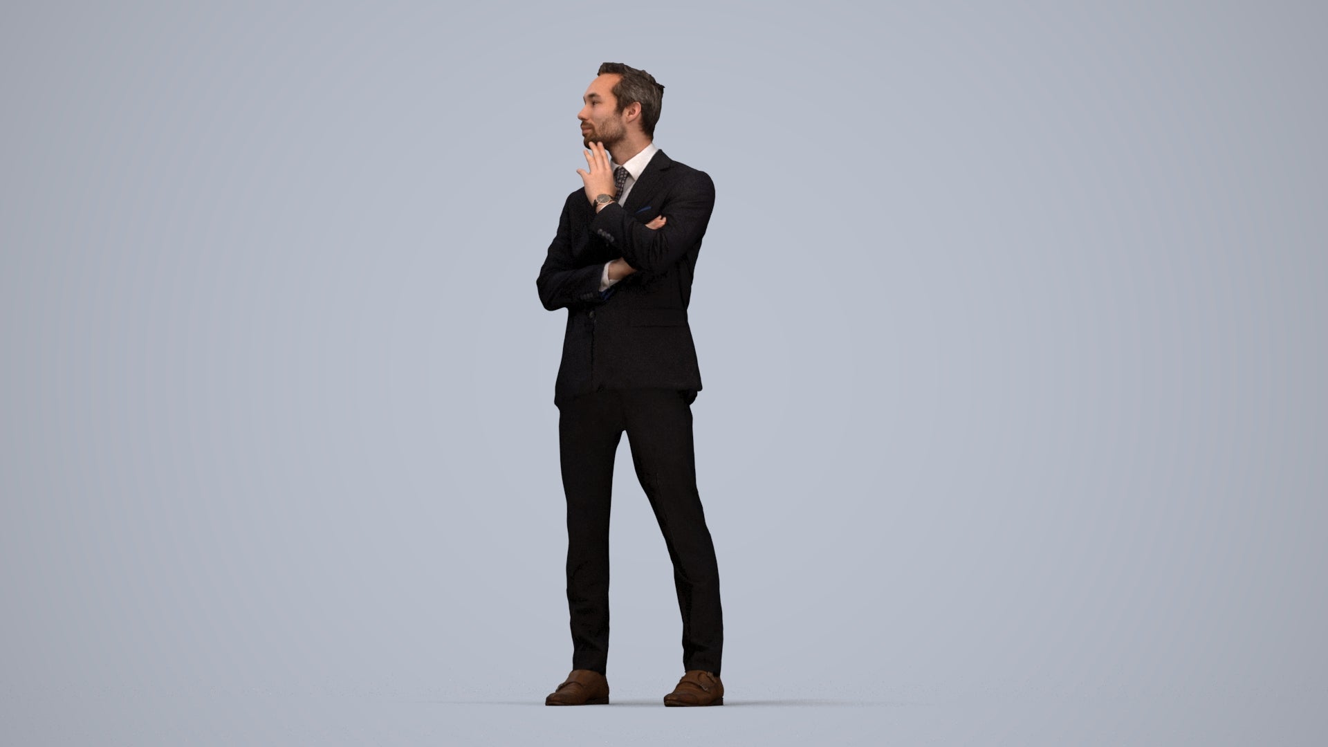 3D human model man formal business, photogrammetry scanned person for archviz, top-down view render