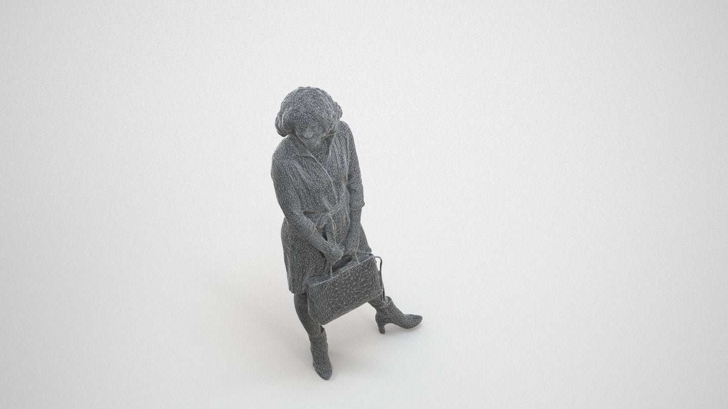 realistic 3D woman casual standing, scanned archviz people for Blender and 3ds Max, wireframe three-quarter view