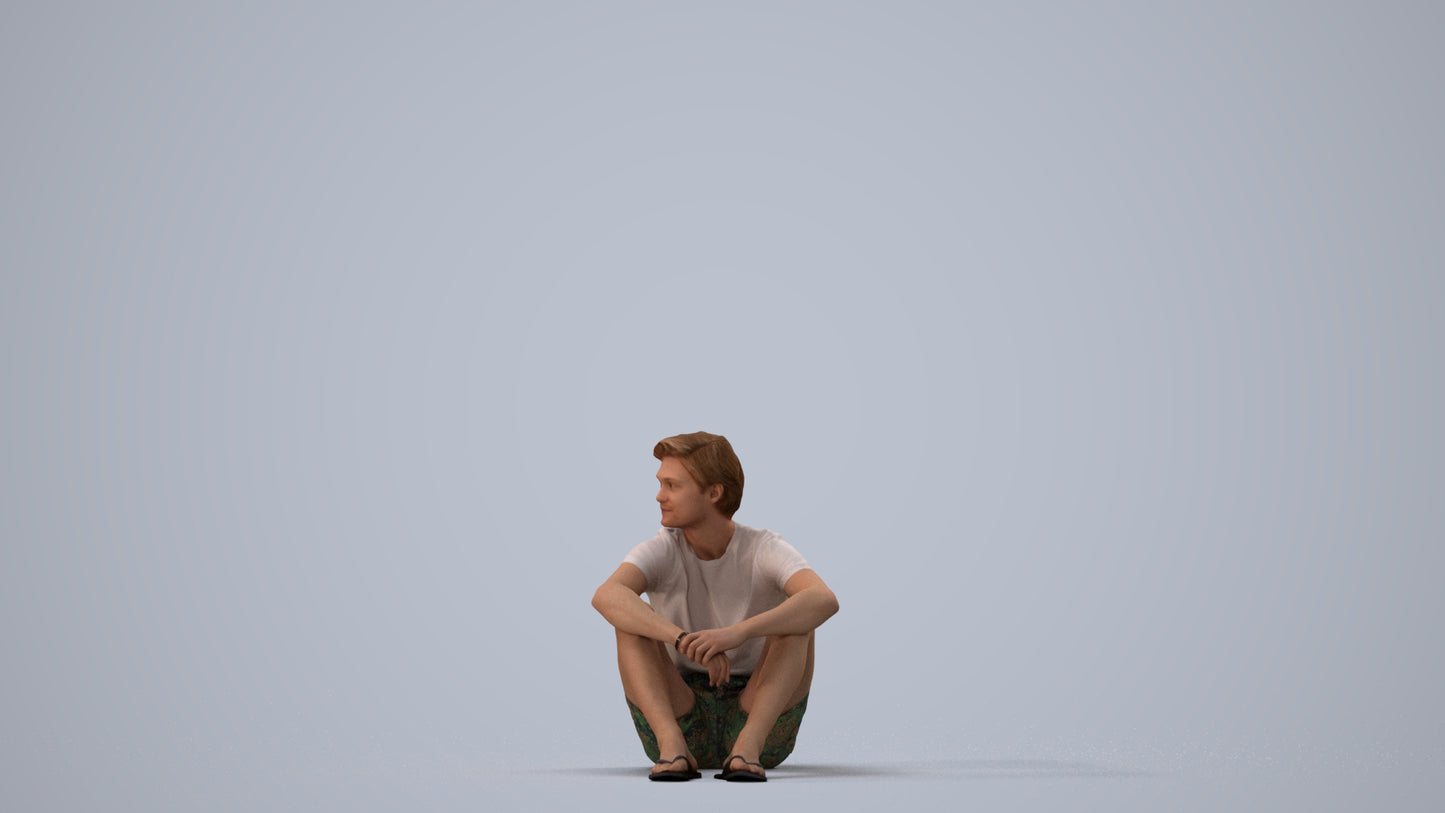 3D human model man casual pool, photogrammetry scanned person for archviz, three-quarter view render