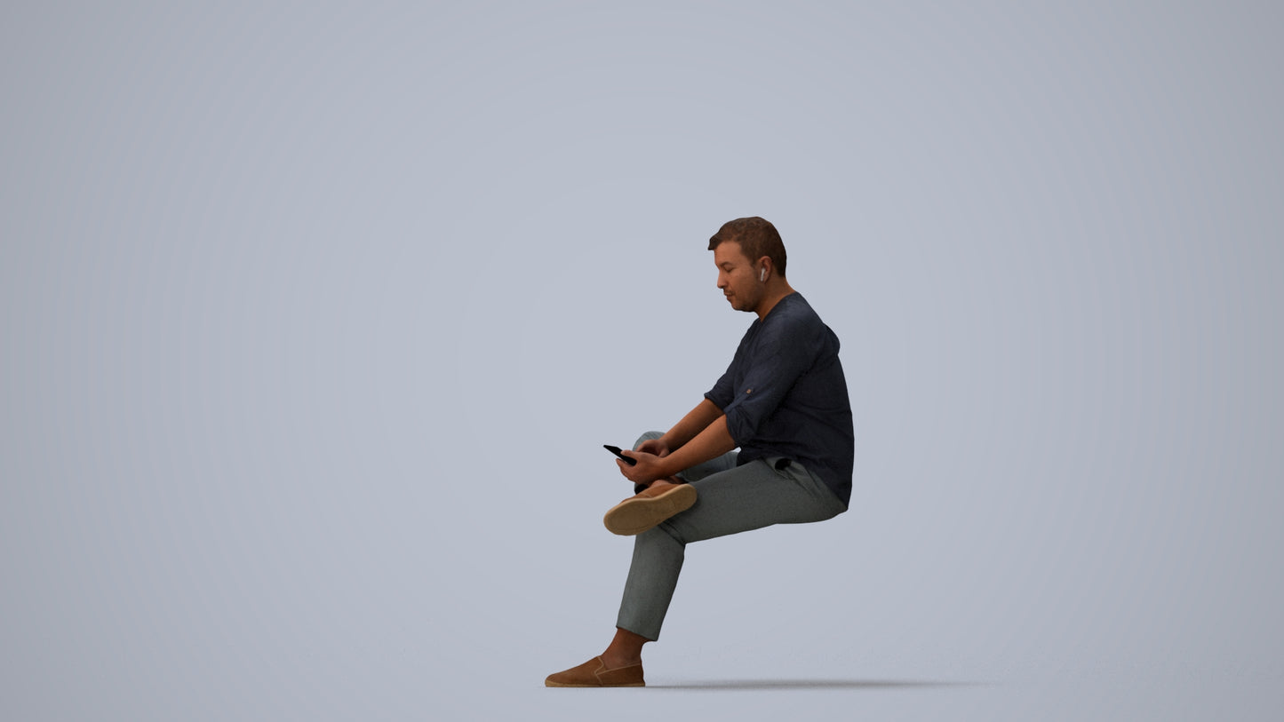 scanned 3D man casual sitting, photogrammetry people for Enscape and V-Ray, three-quarter view render